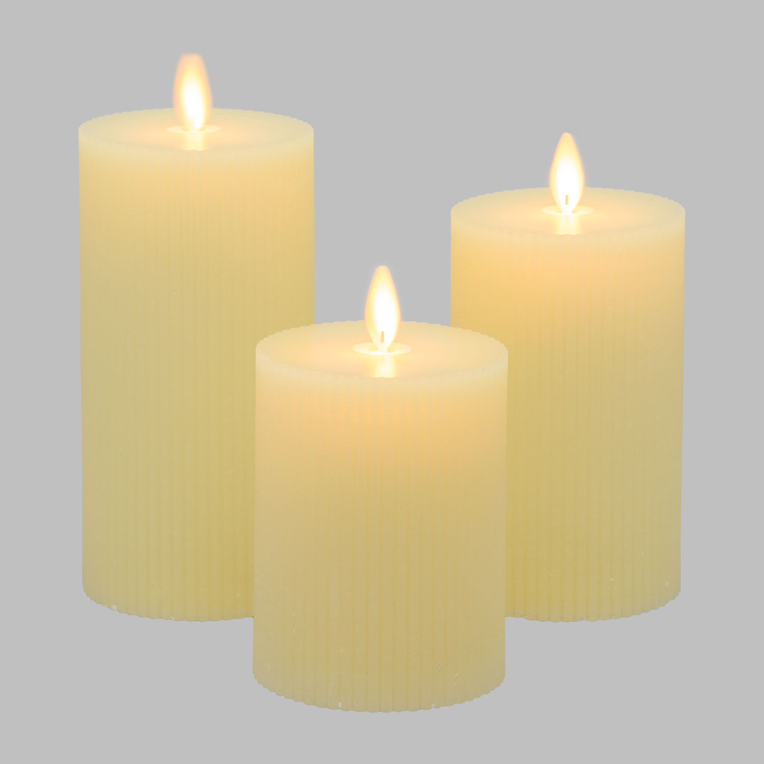 Set of 3 Ivory Ribbed Wax Candles, Moving Flame, h 10-12.5-15 cm 3 Set of 3 Ivory Ribbed Wax Candles, Moving Flame, h 10-12.5-15 cm 3