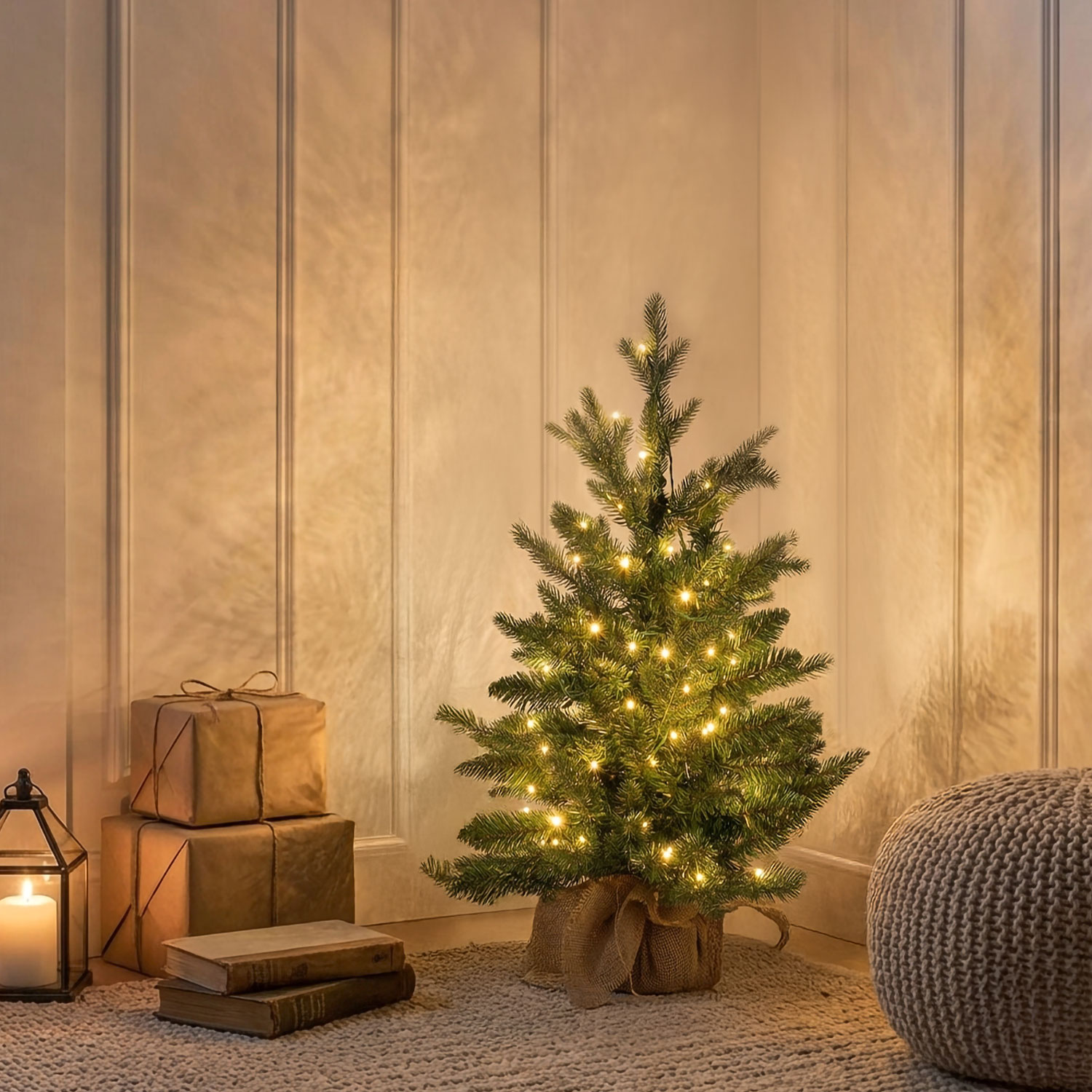 Albero Alpino con base Juta in finto pino, 60 cm, 90 miniled integrati bianco caldo