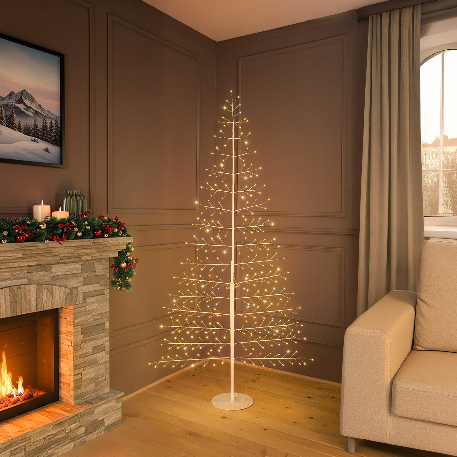 Árbol Rama de Tilo blanco 2D h 1,5 m, 186 microled, blanco cálido, uso interior