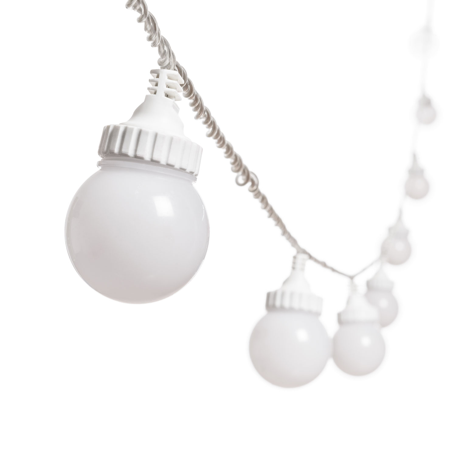 Catena 5 m, 10 sfere bianche Ø 50 mm, led bianco caldo, cavo trasparente, prolungabile 7 Catena 5 m, 10 sfere bianche Ø 50 mm, led bianco caldo, cavo trasparente, prolungabile 7