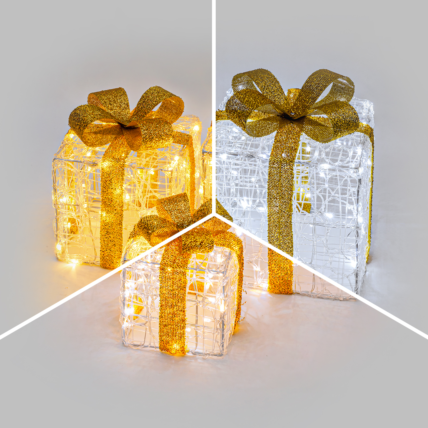 Set 3 Pacchi Regalo in acrilico, 150 Dual Color LED bianco caldo e bianco freddo 