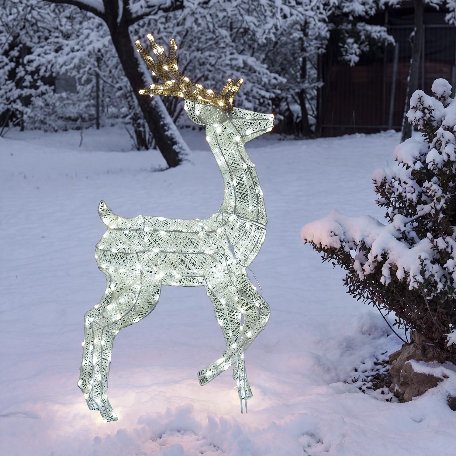 Renna con zampa alzata 3D Light Cream & Brown, h 125 cm, 240 Dual LED bianco extra caldo e bianco freddo 11