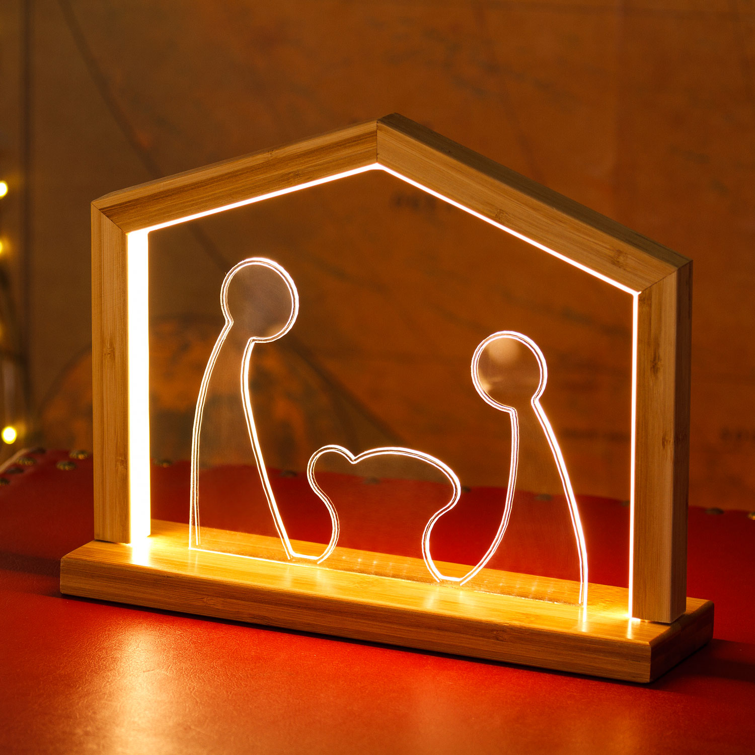 Crèche en Plexi et bois naturel,  h 23,5 cm, led blanc chaud Crèche en Plexi et bois naturel,  h 23,5 cm, led blanc chaud
