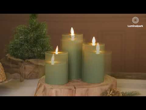 Set of 3 Green Ribbed Wax Candles, Moving Flame 2