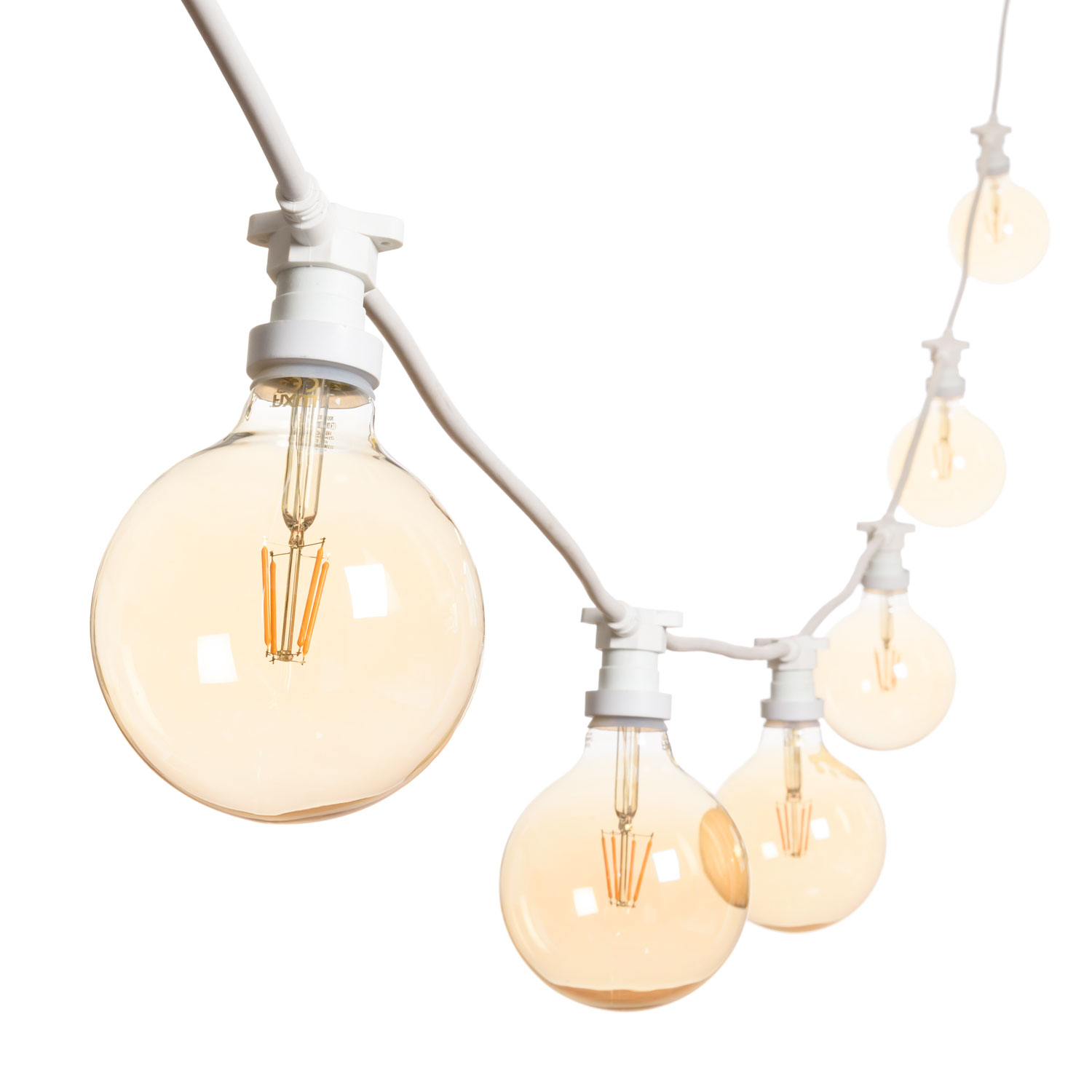 Catena 5 m, 8 lampadine led globo Ø 125 mm di 4 Watt, cavo bianco, prolungabile Catena 5 m, 8 lampadine led globo Ø 125 mm di 4 Watt, cavo bianco, prolungabile