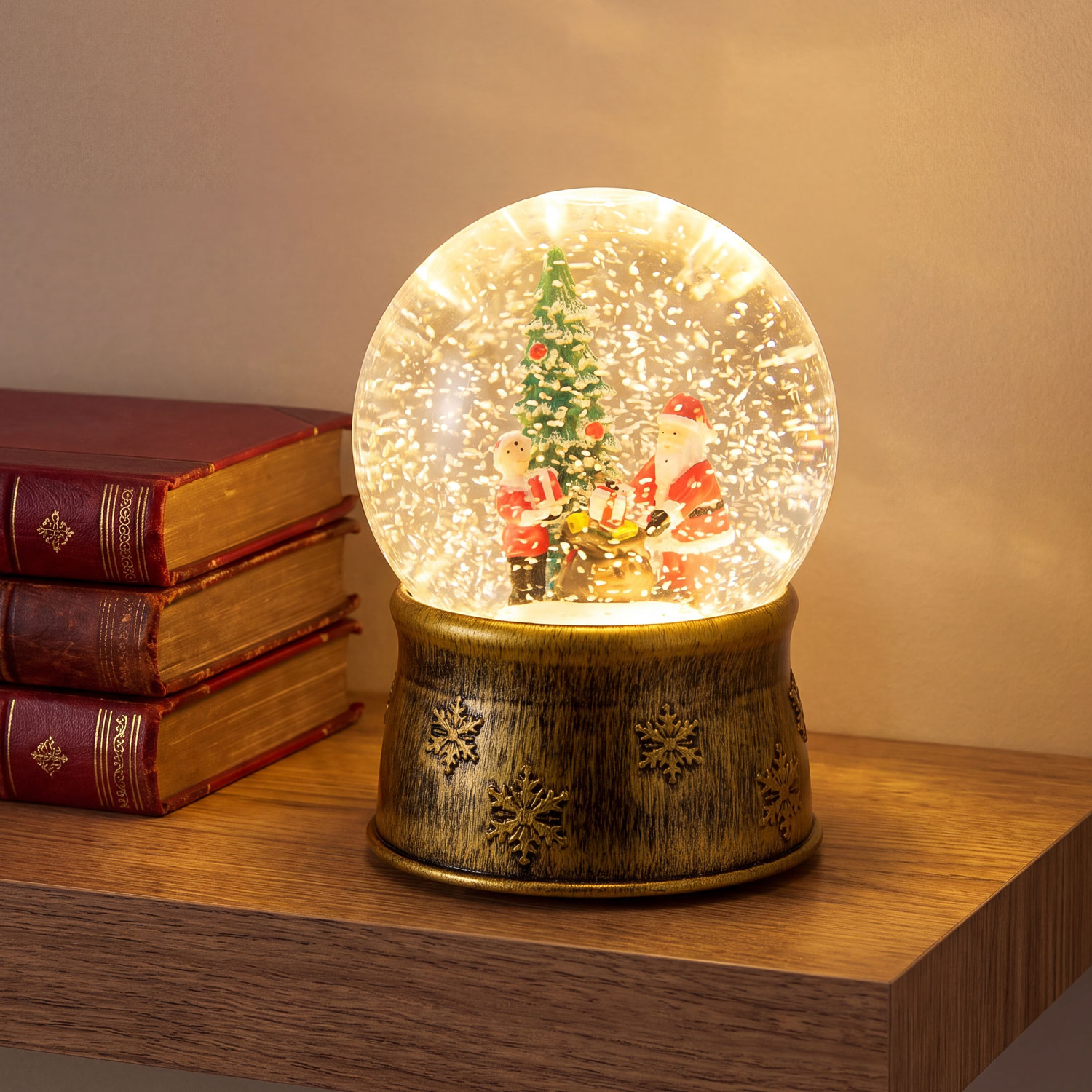 Glaskugel mit antiker weißer Basis, Weihnachtsbaum mit Weihnachtsmann und Geschenksack, H 17 cm, warmweiße LEDs