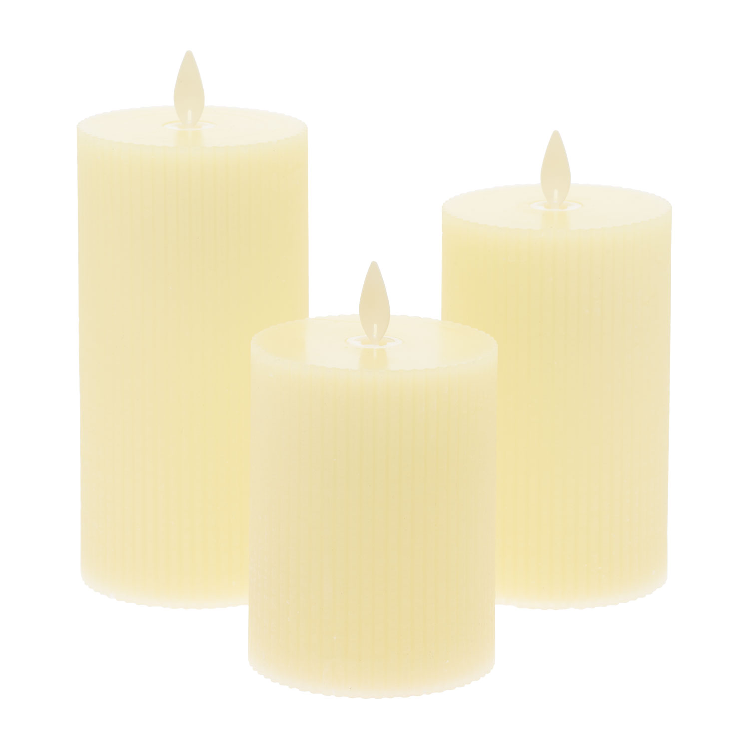 Set of 3 Ivory Ribbed Wax Candles, Moving Flame, h 10-12.5-15 cm 6 Set of 3 Ivory Ribbed Wax Candles, Moving Flame, h 10-12.5-15 cm 6