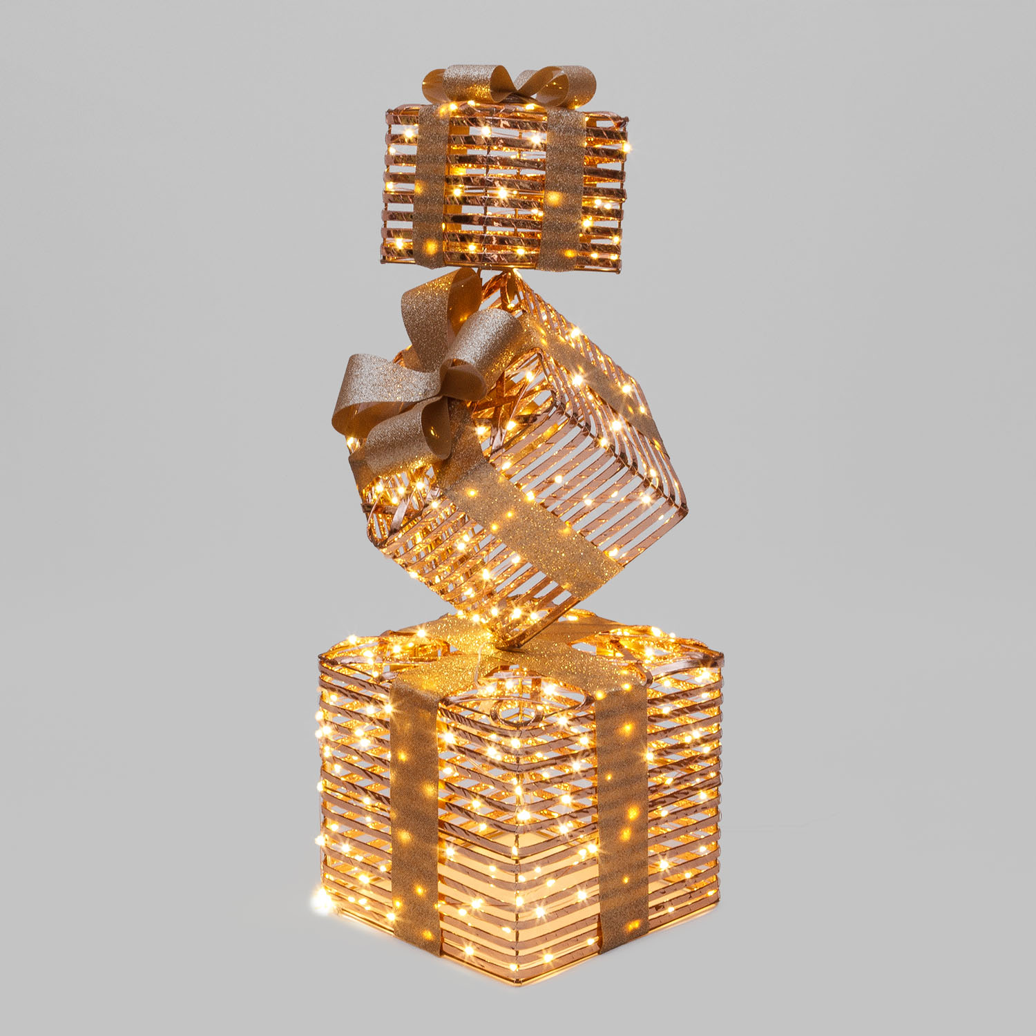 Set 3 Pacchi Regalo a coste 3D Rose Gold, h 73 cm, 350 microled bianco caldo