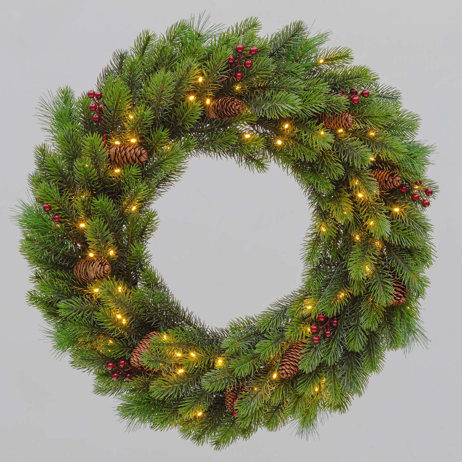 Corona Alpino in finto pino a batteria Ø 60 cm, con pigne e bacche, 80 led integrati bianco caldo