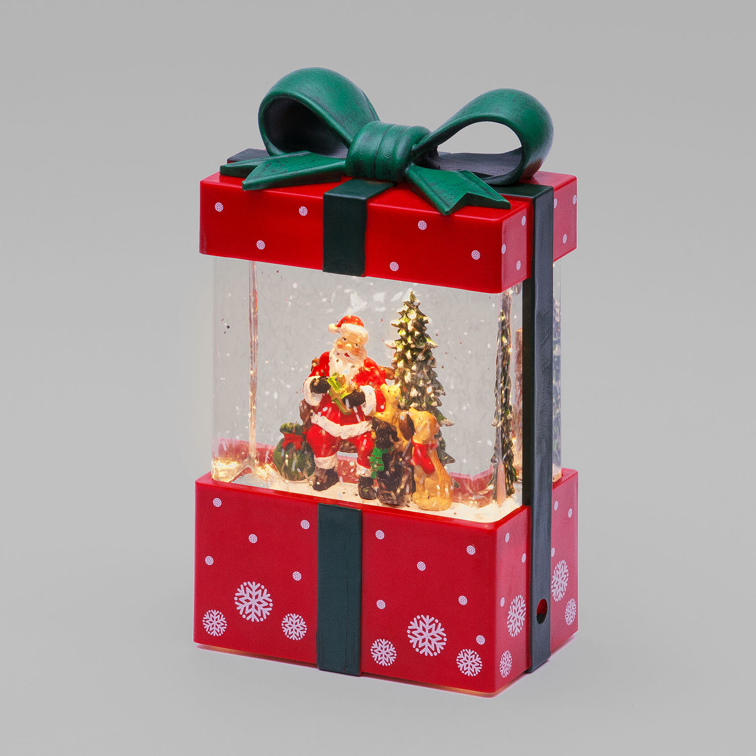 Lanterna Pacco Regalo rosso con glitter scintillanti, h 19 cm, musiche natalizie, led bianco caldo 7