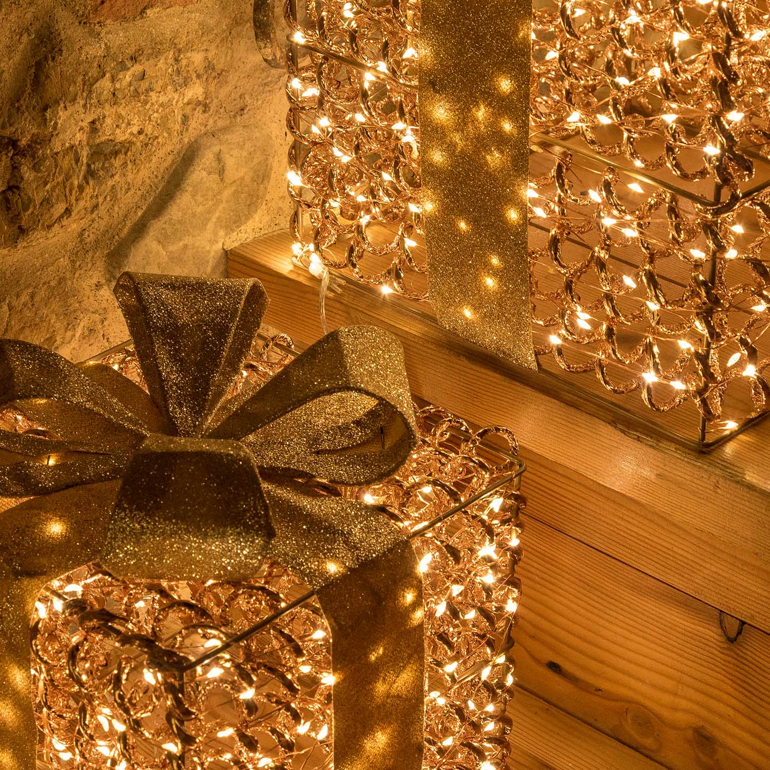 Set 3 Pacchi Regalo luminosi 3D Rose Gold, filo a spirale, led bianco caldo 9