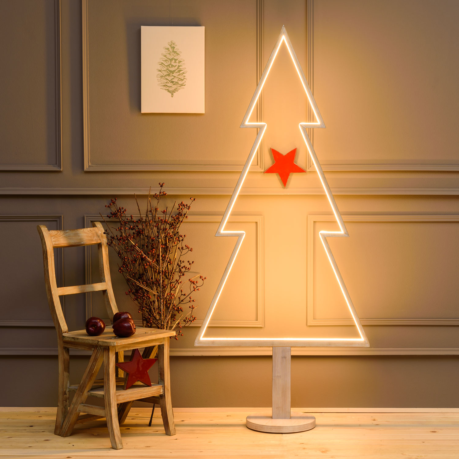 LED-Tannenbaum aus weißem Naturholz auf Fuß, 170 cm, RGB und warmweiß, Innenbereich 13 LED-Tannenbaum aus weißem Naturholz auf Fuß, 170 cm, RGB und warmweiß, Innenbereich 13