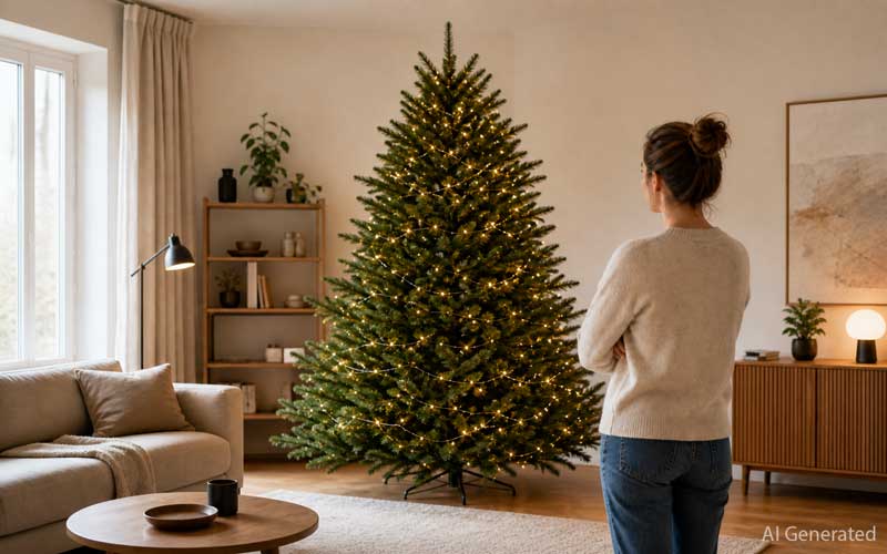 Donna che osserva da qualche metro la distribuzione delle luci sull’albero di Natale