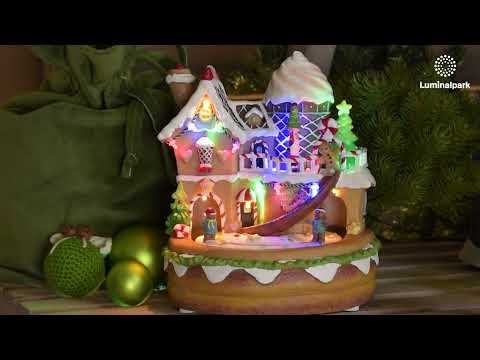 Pueblo de Navidad, Casa de Mazapán con personajes en movimiento, h 21 cm, villancicos 2