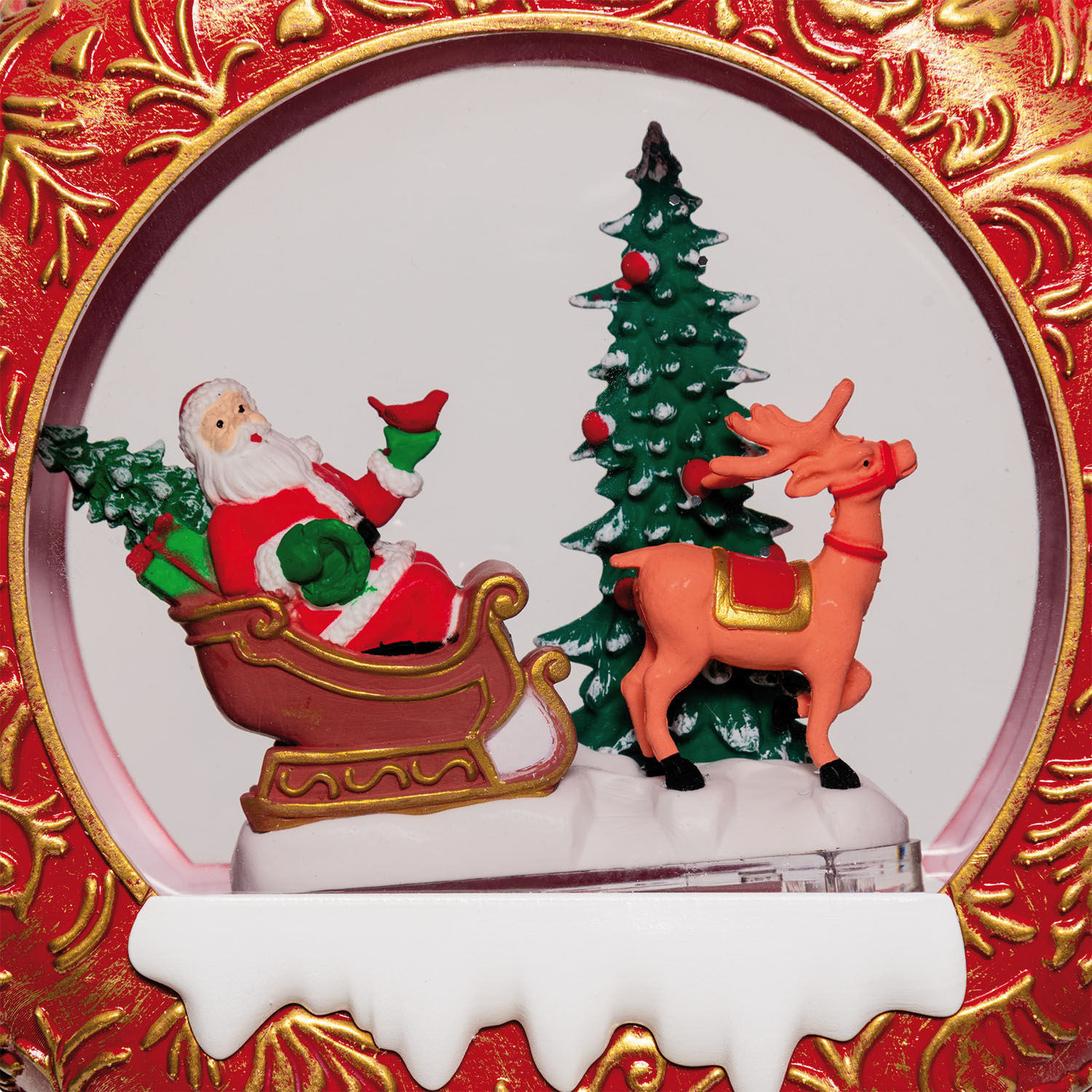 Lanterne de Noël Sphère plate rouge patiné, paillettes scintillantes, h 20 cm, musiques de Noël, LED blanc chaud 5
