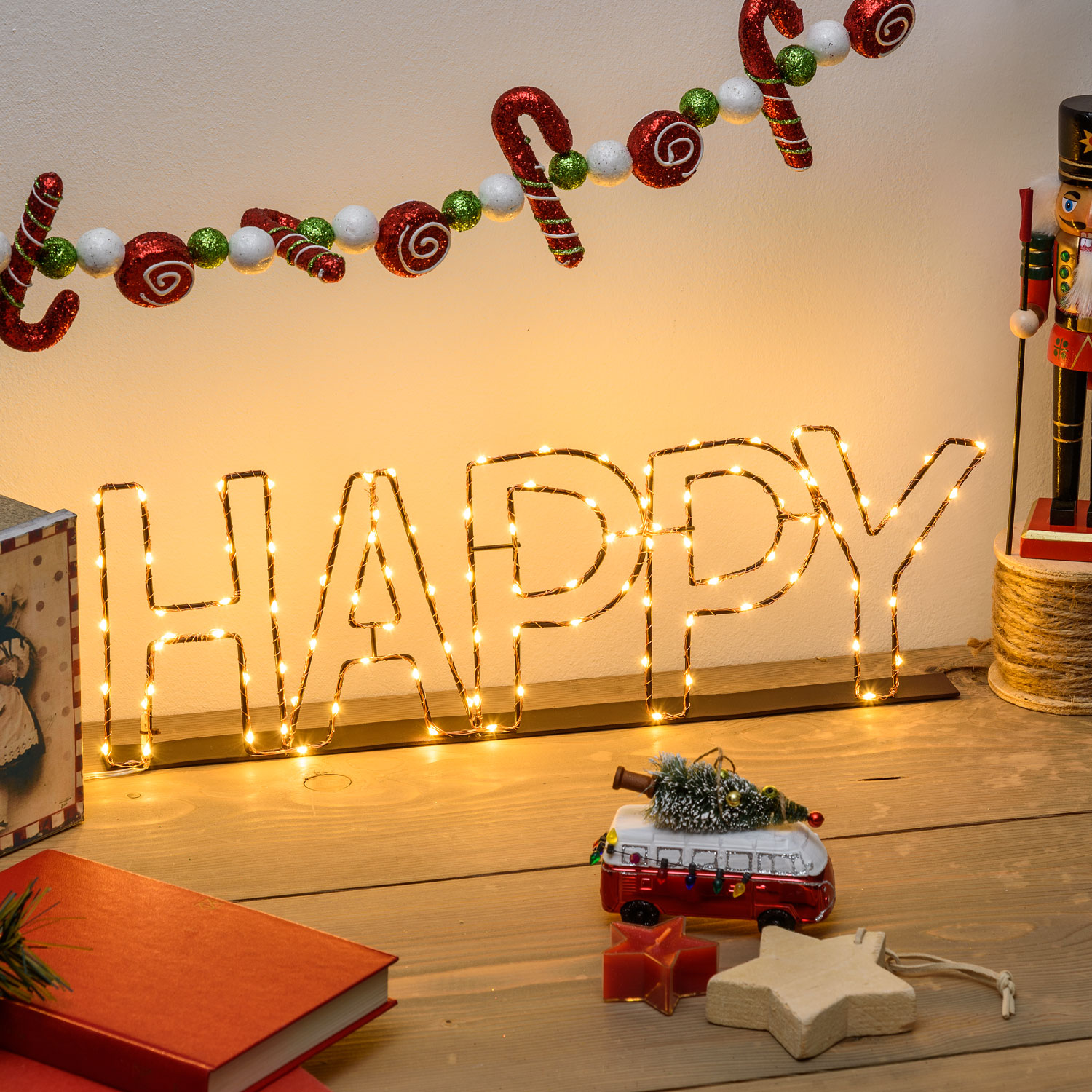 3D Happy Sign in Brown Metal, 100 Warm White MicroLEDs 3D Happy Sign in Brown Metal, 100 Warm White MicroLEDs