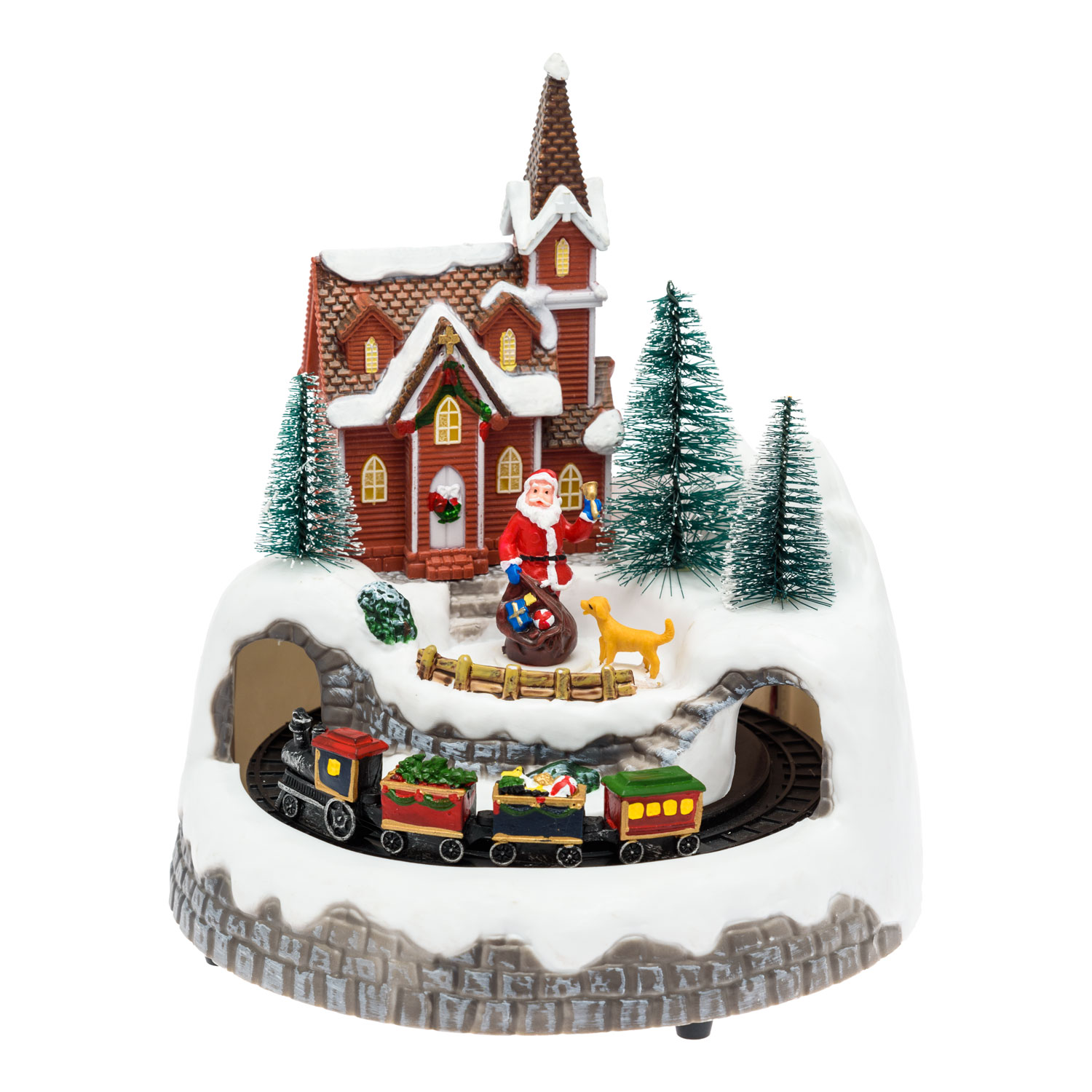 Village de Noël, Paysage avec le Père Noël et Chien, Petit Train tournant dans le Tunnel, h 21,5 cm 8 Village de Noël, Paysage avec le Père Noël et Chien, Petit Train tournant dans le Tunnel, h 21,5 cm 8