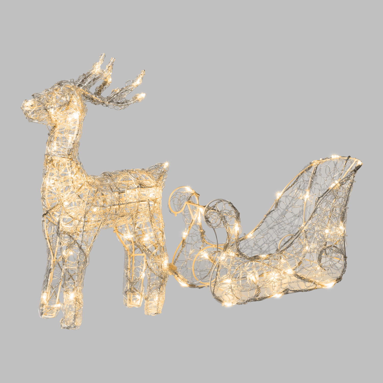 Renna con slitta 3D in acrilico trasparente, h 40 cm, led bianco caldo Renna con slitta 3D in acrilico trasparente, h 40 cm, led bianco caldo