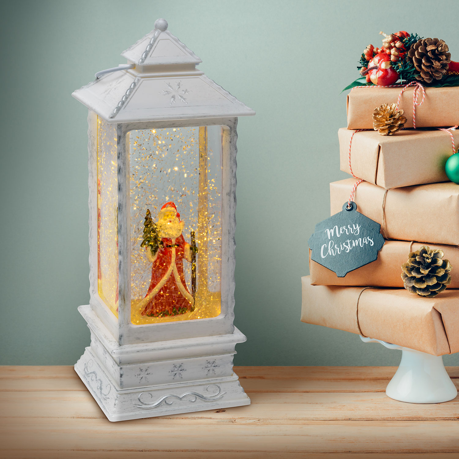 Farol navideño Papá Noel con bastón y arbolito, blanco envejecido, led blanco cálido 3 Farol navideño Papá Noel con bastón y arbolito, blanco envejecido, led blanco cálido 3