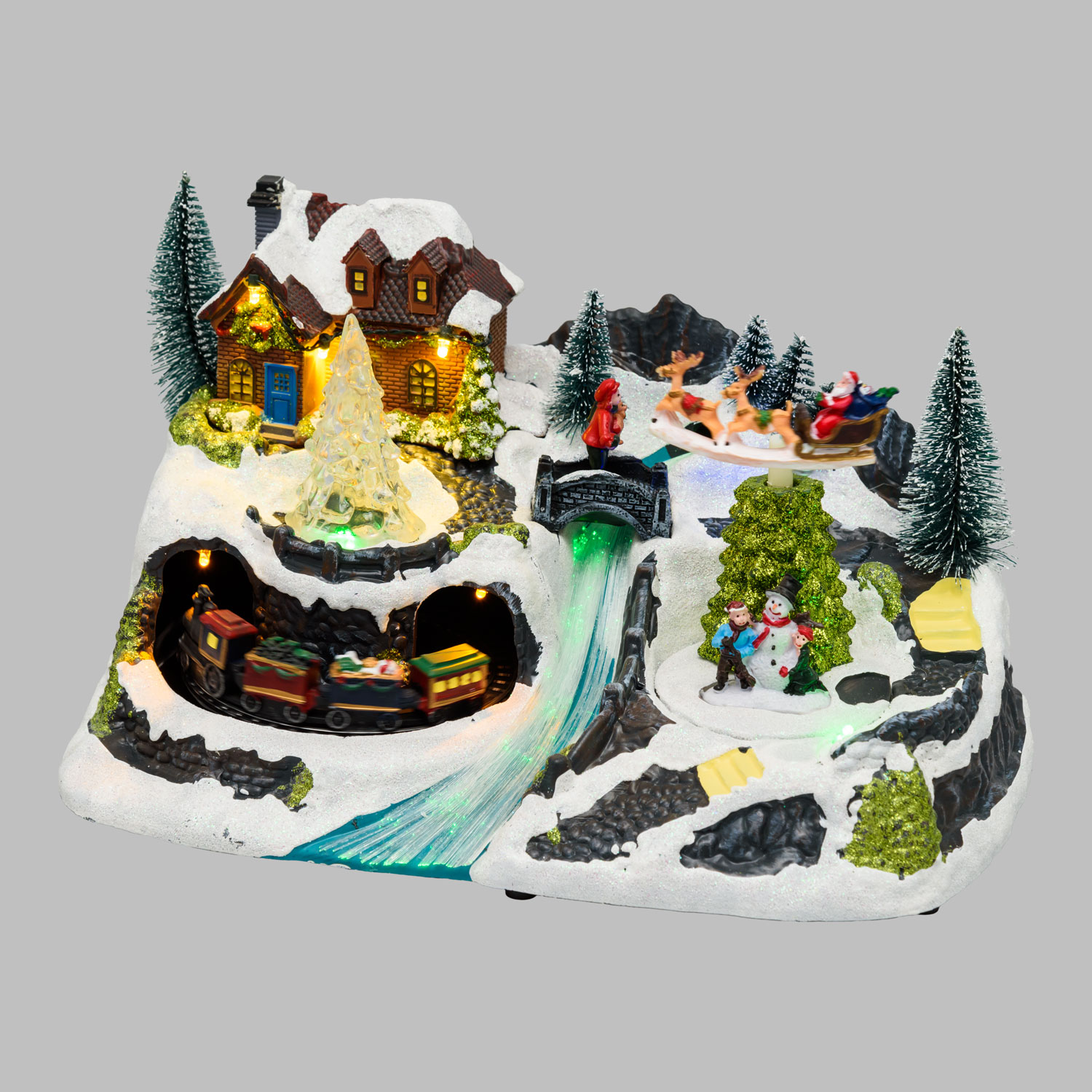Villaggio di Natale con Paesaggio Innevato, Trenino e Babbo su Slitta rotanti, Ruscello fibre ottiche, h 18 cm, musiche natalizie 7 Villaggio di Natale con Paesaggio Innevato, Trenino e Babbo su Slitta rotanti, Ruscello fibre ottiche, h 18 cm, musiche natalizie 7