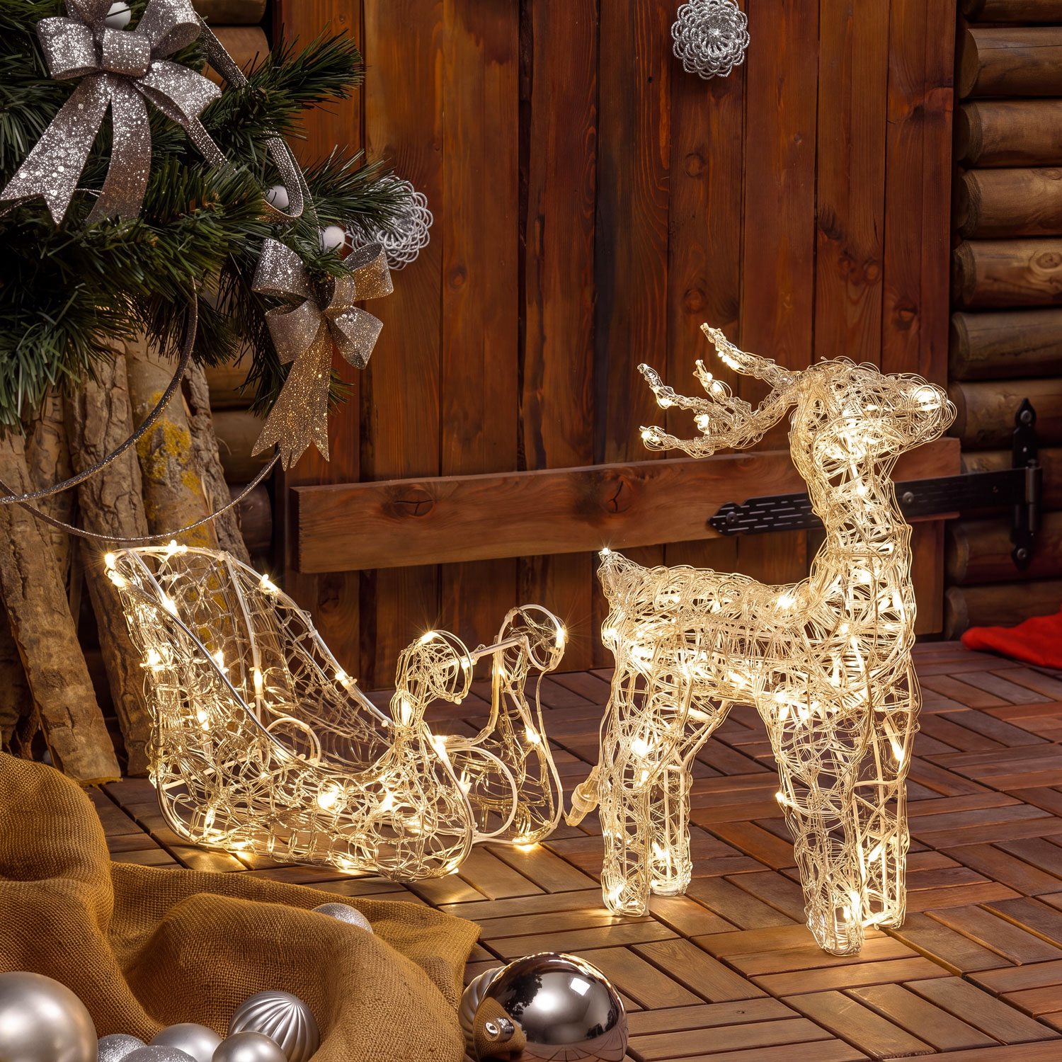 Rentier mit Schlitten weiches Akryl, 40 cm, 80 LEDs warmweiß