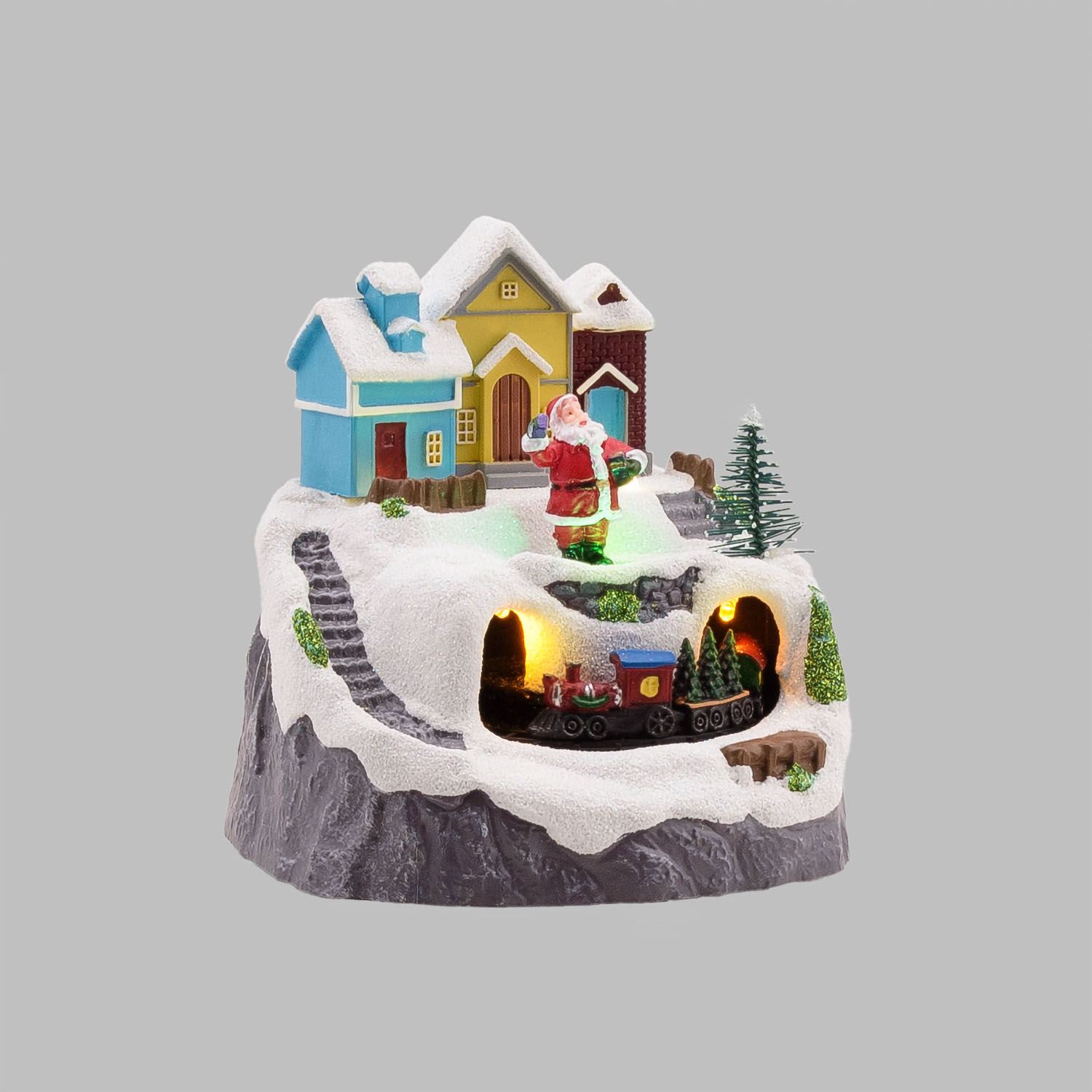 Villaggio di Natale in Poliresina, Paesaggio con Babbo Natale con Trenino Rotante, h 14,5cm Villaggio di Natale in Poliresina, Paesaggio con Babbo Natale con Trenino Rotante, h 14,5cm