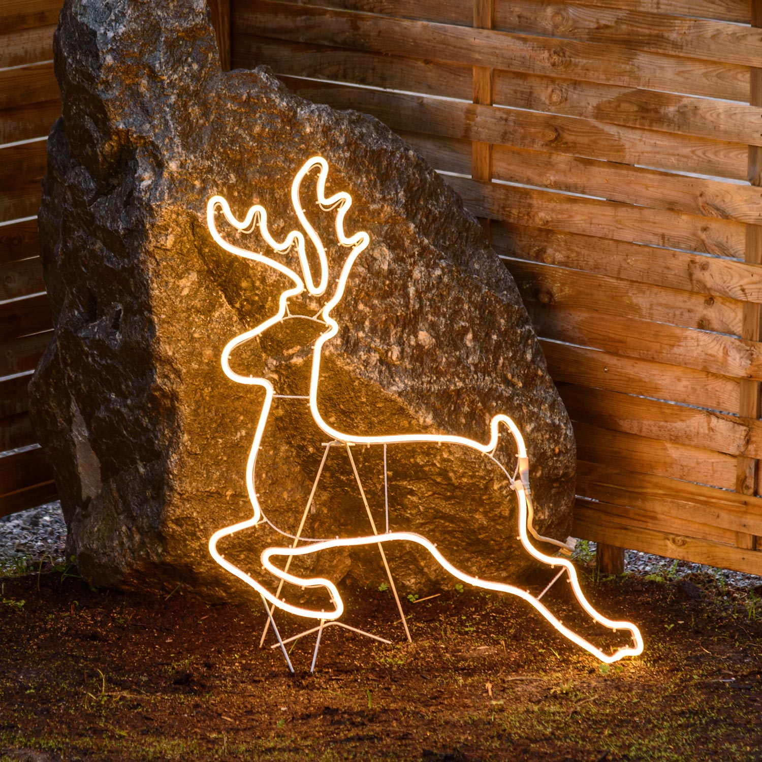 Renna galoppante effetto neon h 85 cm, led bianco caldo 1 Renna galoppante effetto neon h 85 cm, led bianco caldo 1