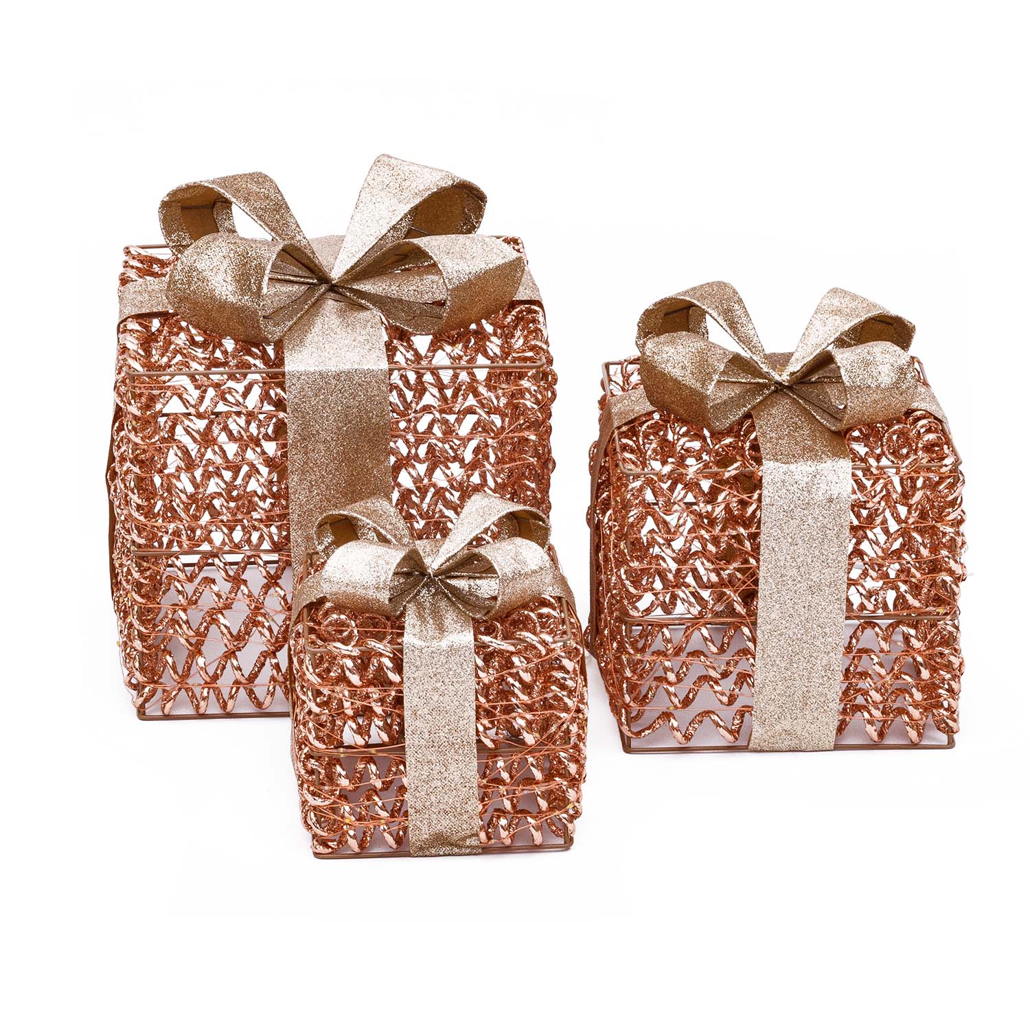 Set 3 Pacchi Regalo luminosi 3D Rose Gold, filo a spirale, led bianco caldo 2