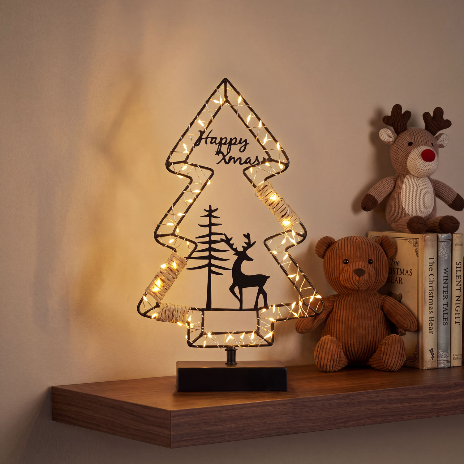 Sapin de Noël avec base d’appui, h 35 cm, métal noir et MicroLED blanc chaud