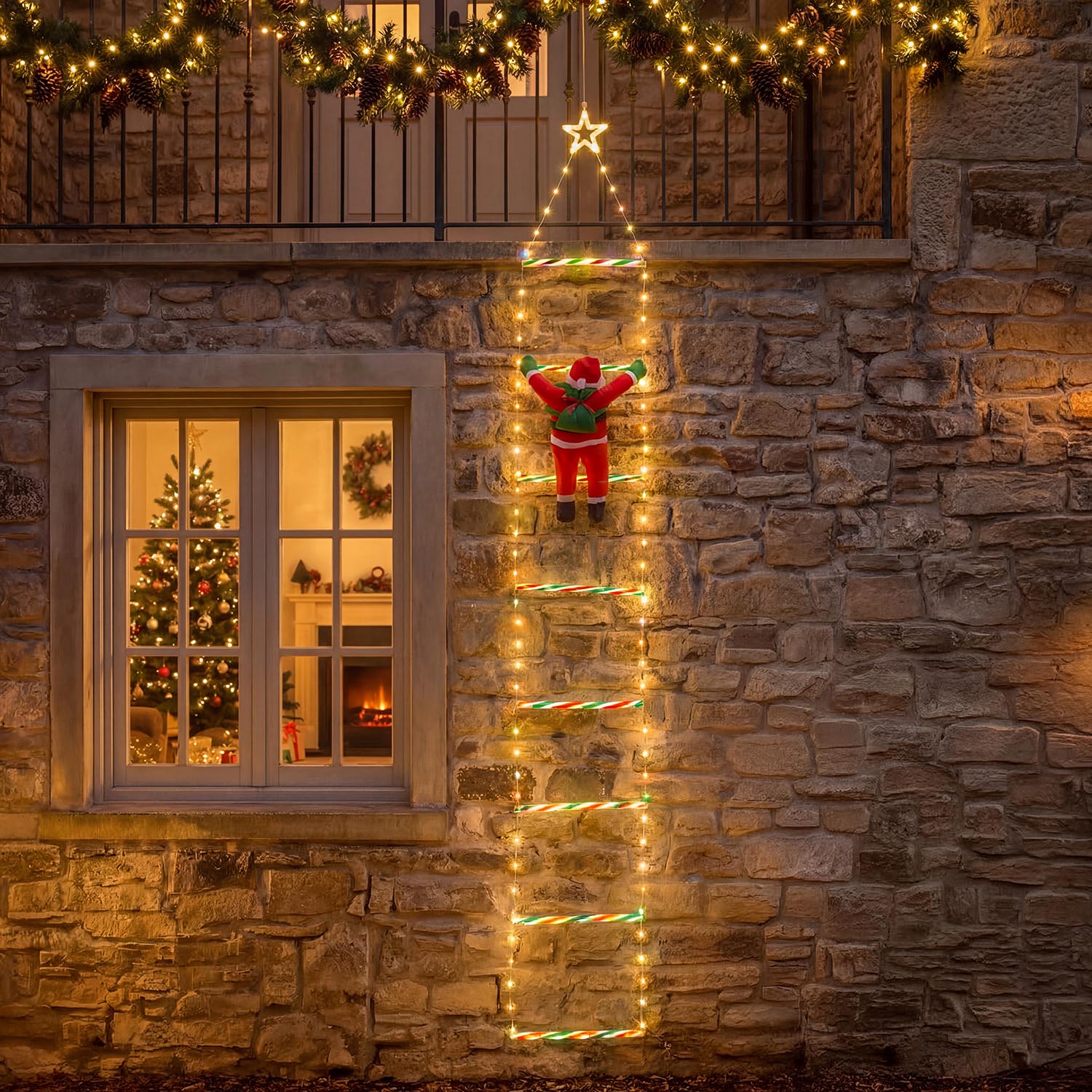 Babbo Natale su scala luminosa, h 200 cm, Dual LED bianco caldo e multicolor
