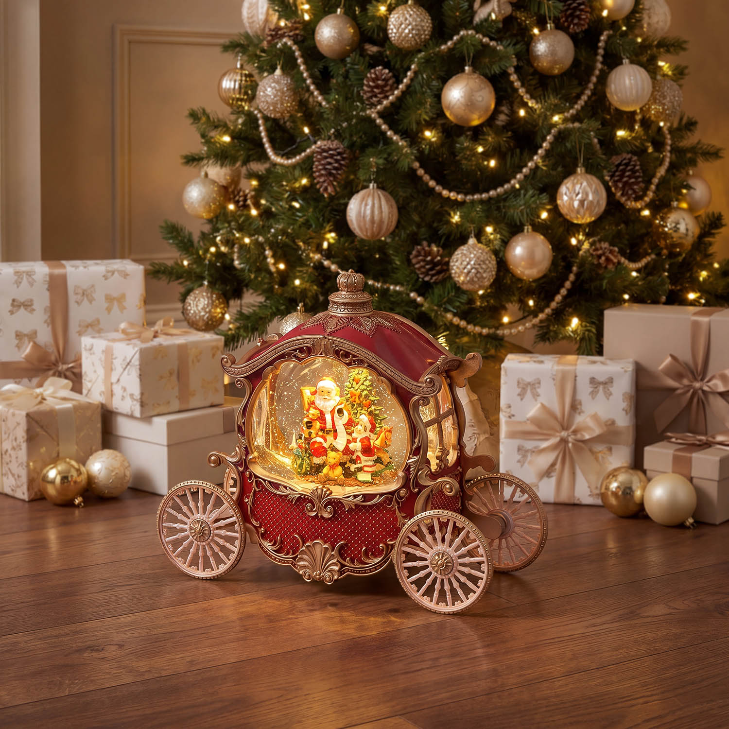 Carrozza Rosso e Oro, glitter scintillanti, h 22 cm, musiche natalizie, led bianco caldo