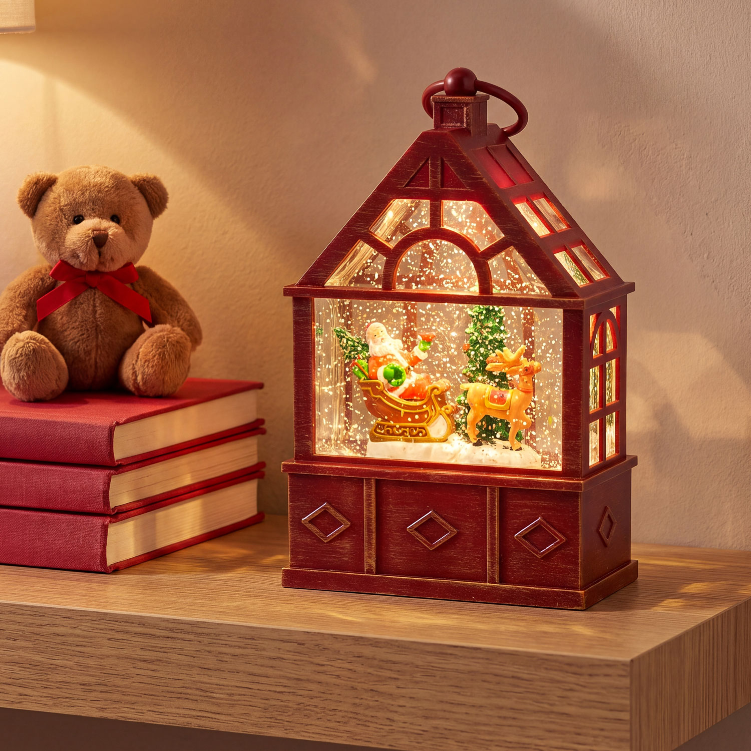 Gewächshauslaterne mit Weihnachtsmann auf Schlitten und Rentier, H. 25 cm, warmweißer LED-Glitzer