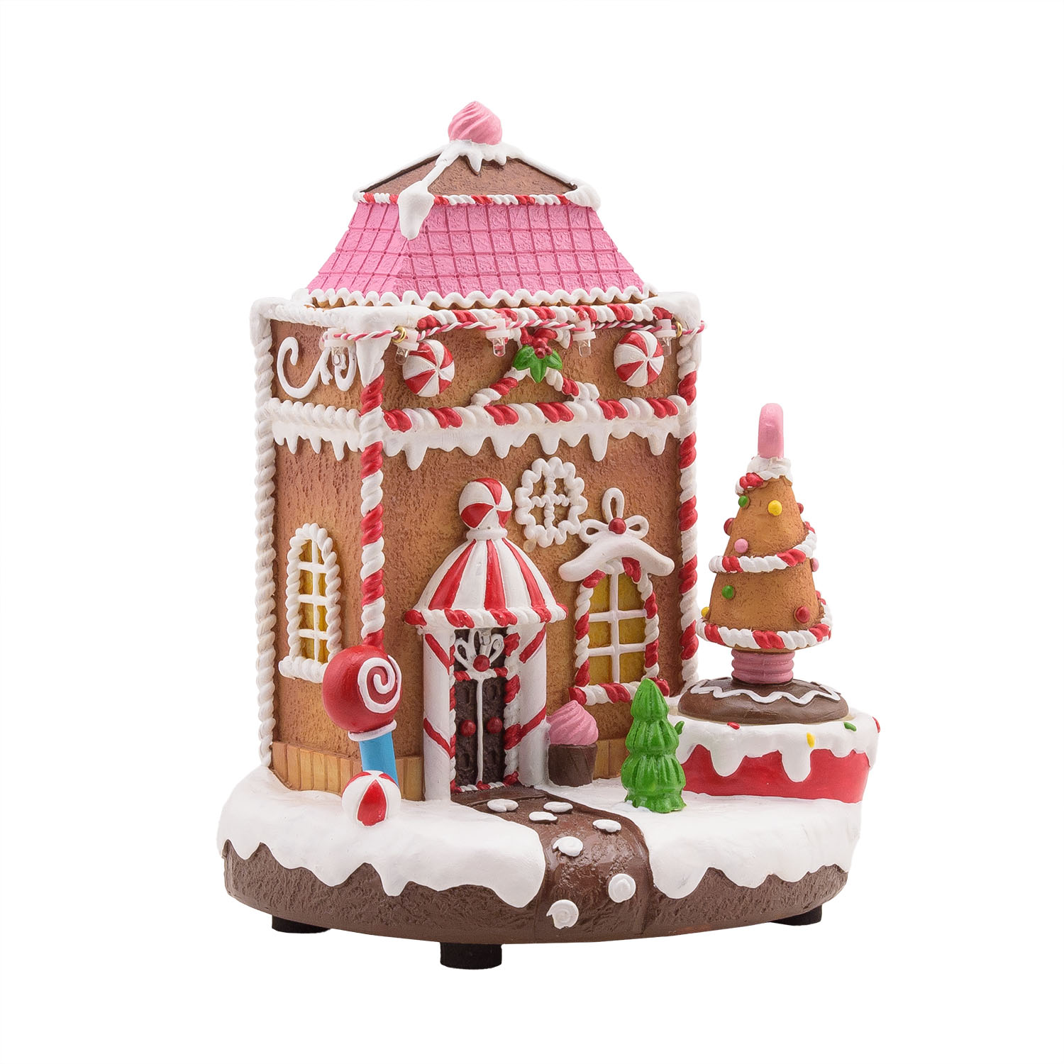 Pueblo de Navidad en poliresina, Casa de Jengibre con Árbol giratorio, 20 cm, músicas navideñas 2