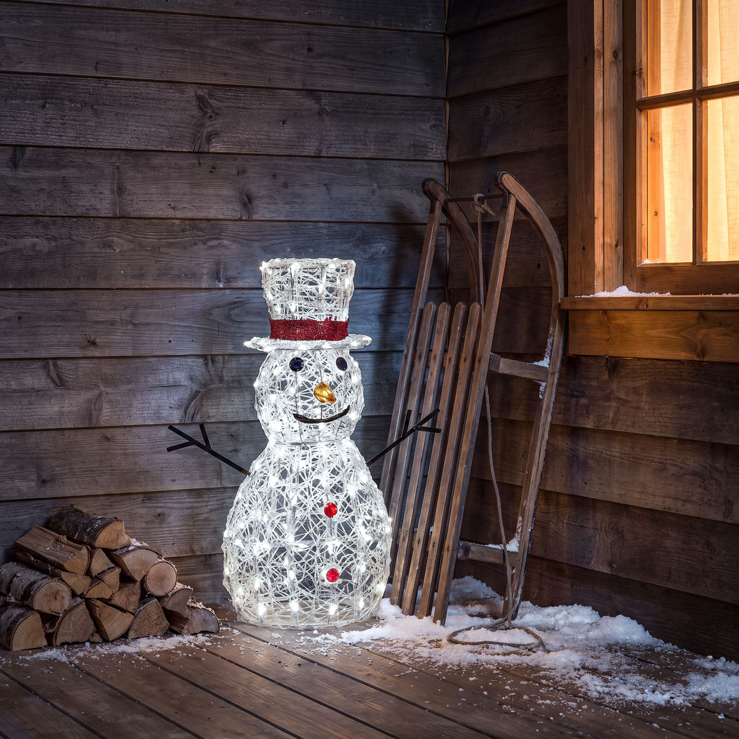 Muñeco de Nieve 3D acrílico transparente, h70 cm, 160 Dual LED blanco cálido y frío 12