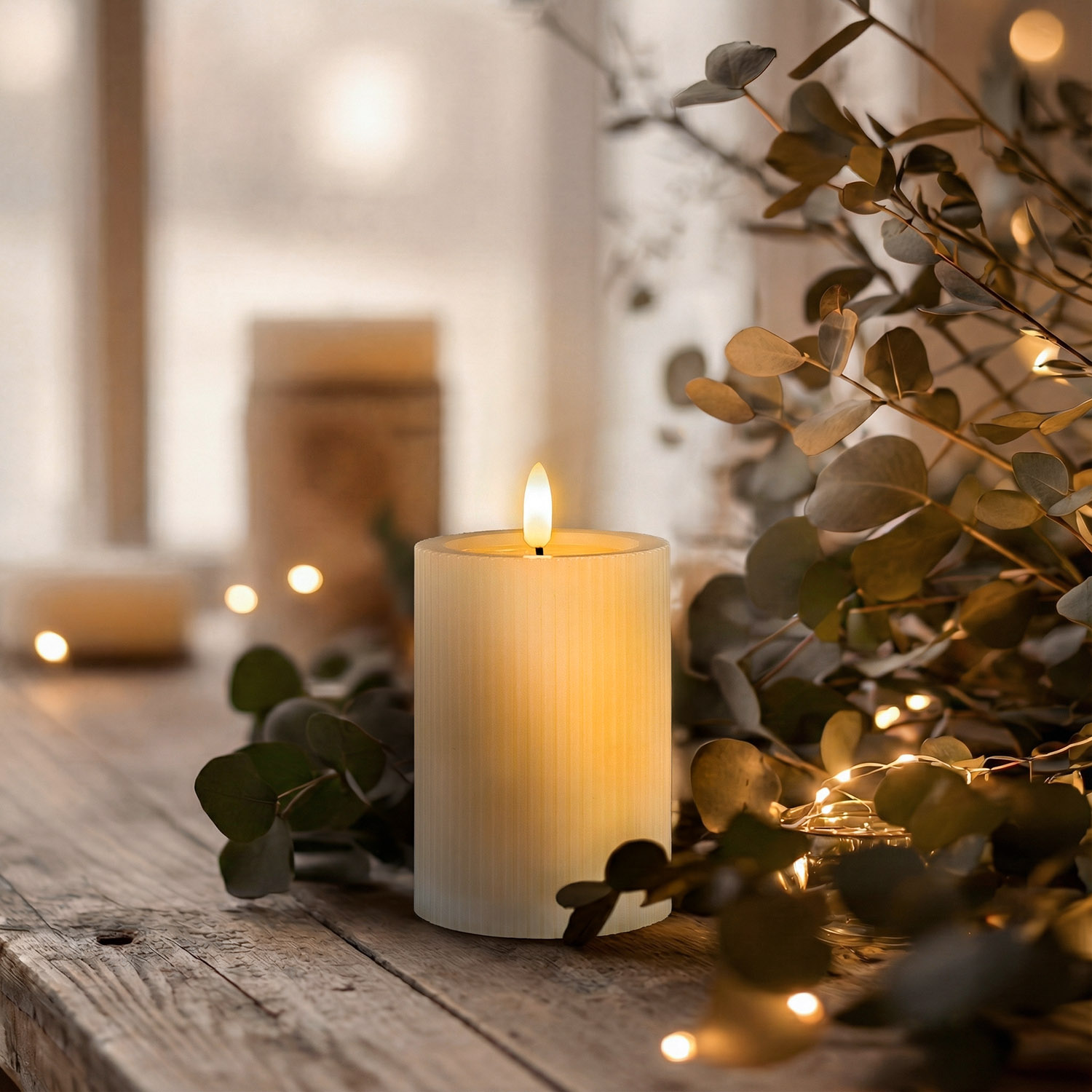 Vela a rayas marfil, llama 3D con mecha y efecto de cera derretida, h 10 cm, Ø 7,5 cm, uso exterior