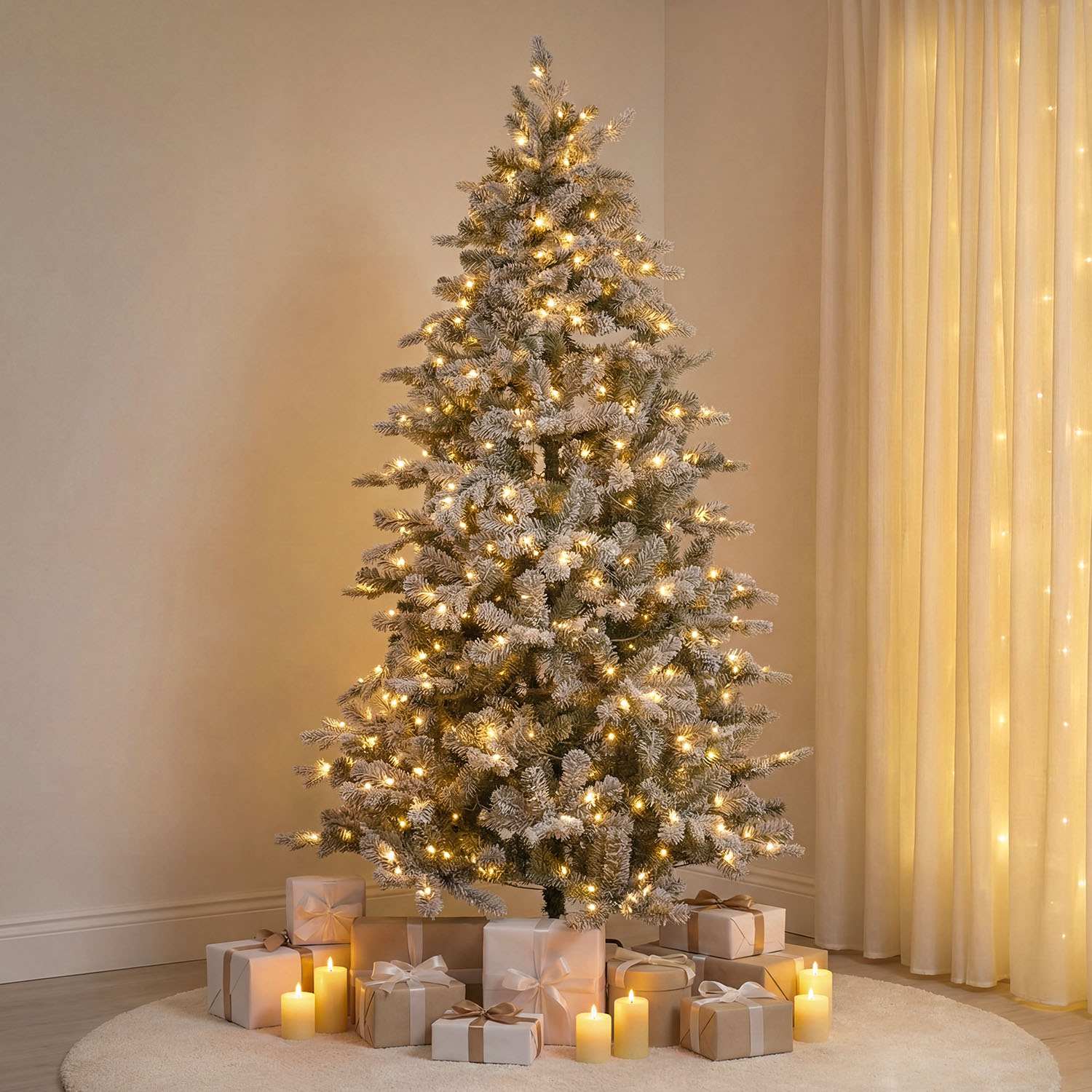 Flocked artificial pine Tree 210 cm, 500 warm white integrated LEDs