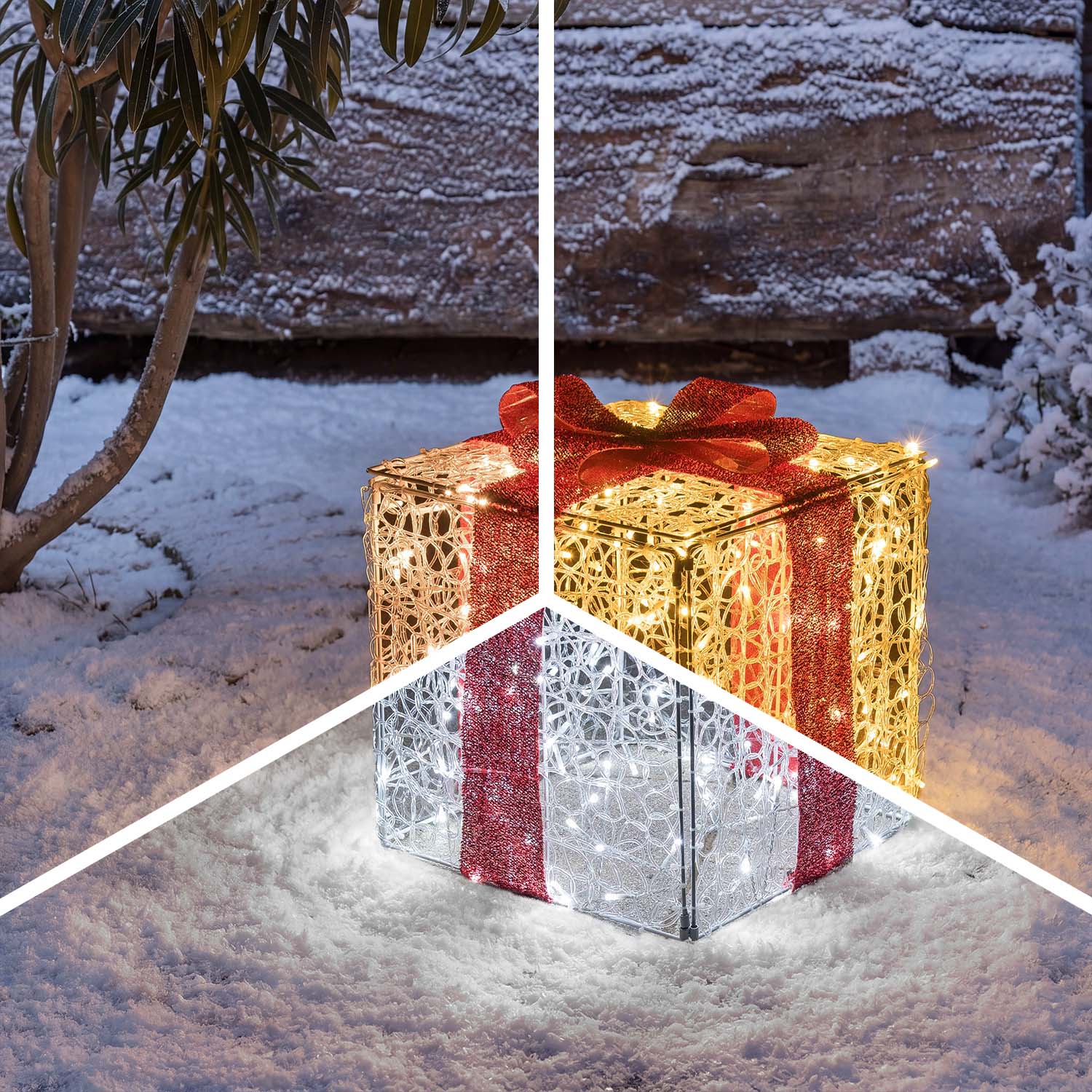 Pacco regalo 3D in acrilico trasparente, h 40 cm, 200 Dual LED bianco caldo e bianco freddo