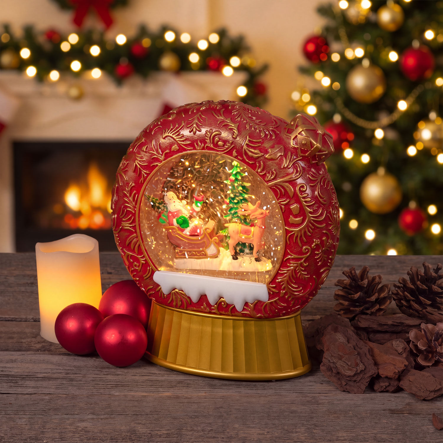 Weihnachtskugel Flach, antikrot, funkelnder Glitzer, H 20 cm, Weihnachtsmelodien, warmweißes LED