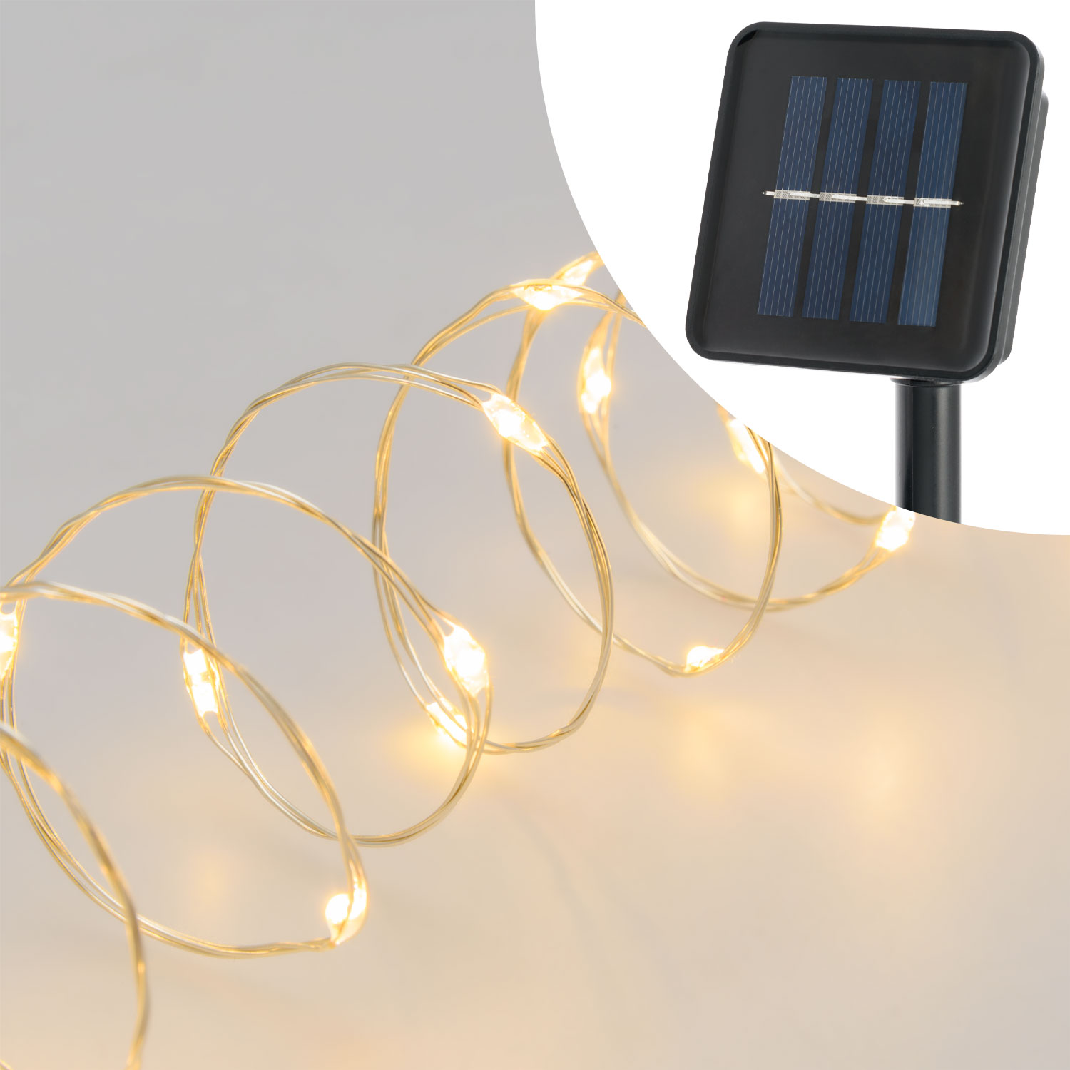 Guirnalda solar de 20 m, 200 microled blanco cálido, cable plateado Guirnalda solar de 20 m, 200 microled blanco cálido, cable plateado