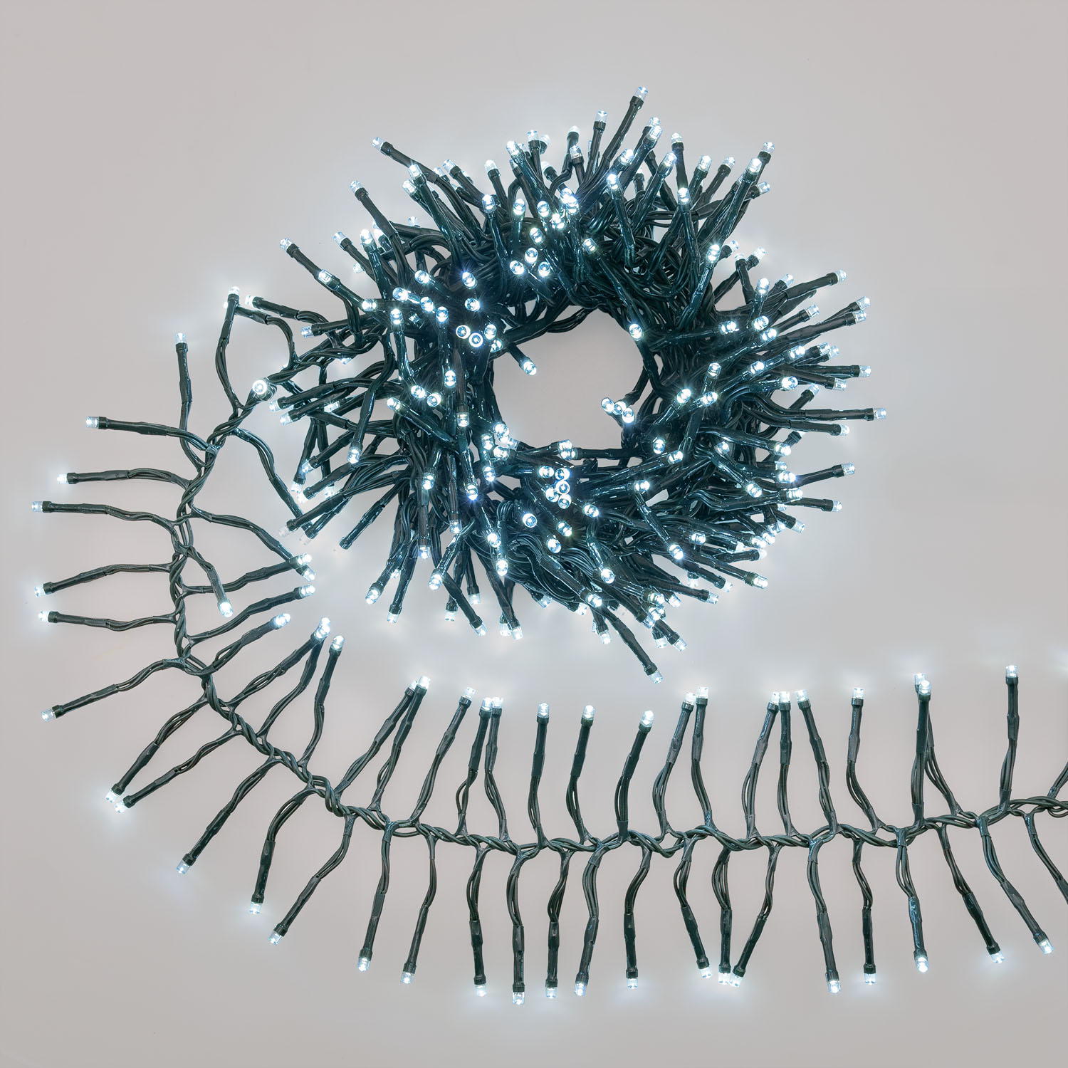 Lichterkette Cluster Connect+ 3 m, 300 LEDs Kaltweiß, grünes Kabel, verlängerbar