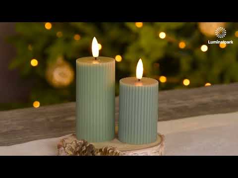 Set of 2 Green Ribbed Wax Candles, 3D Flame with Wick 2