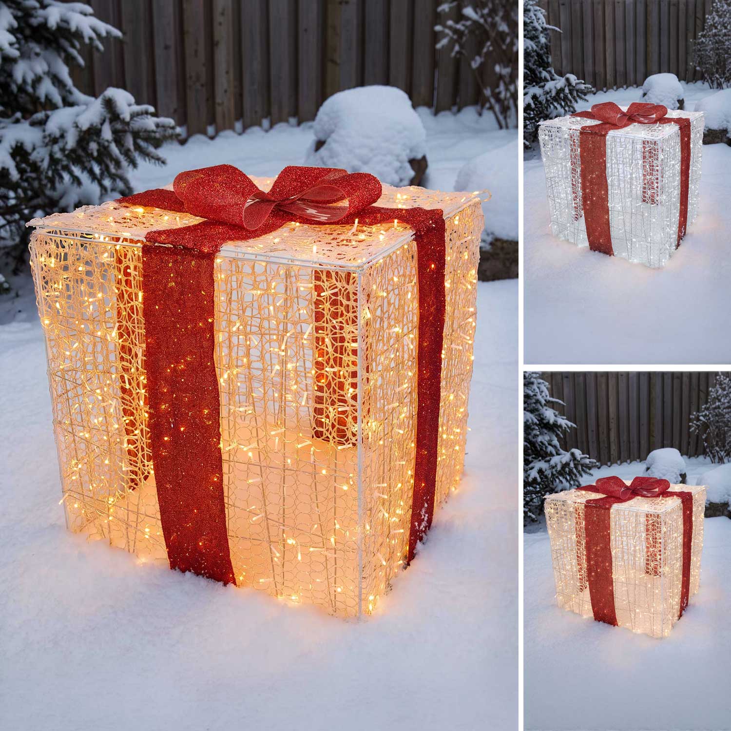 Paquet cadeau 3D en acrylique transparent, h 85 cm, 1000 Dual LED blanc chaud et blanc froid 1