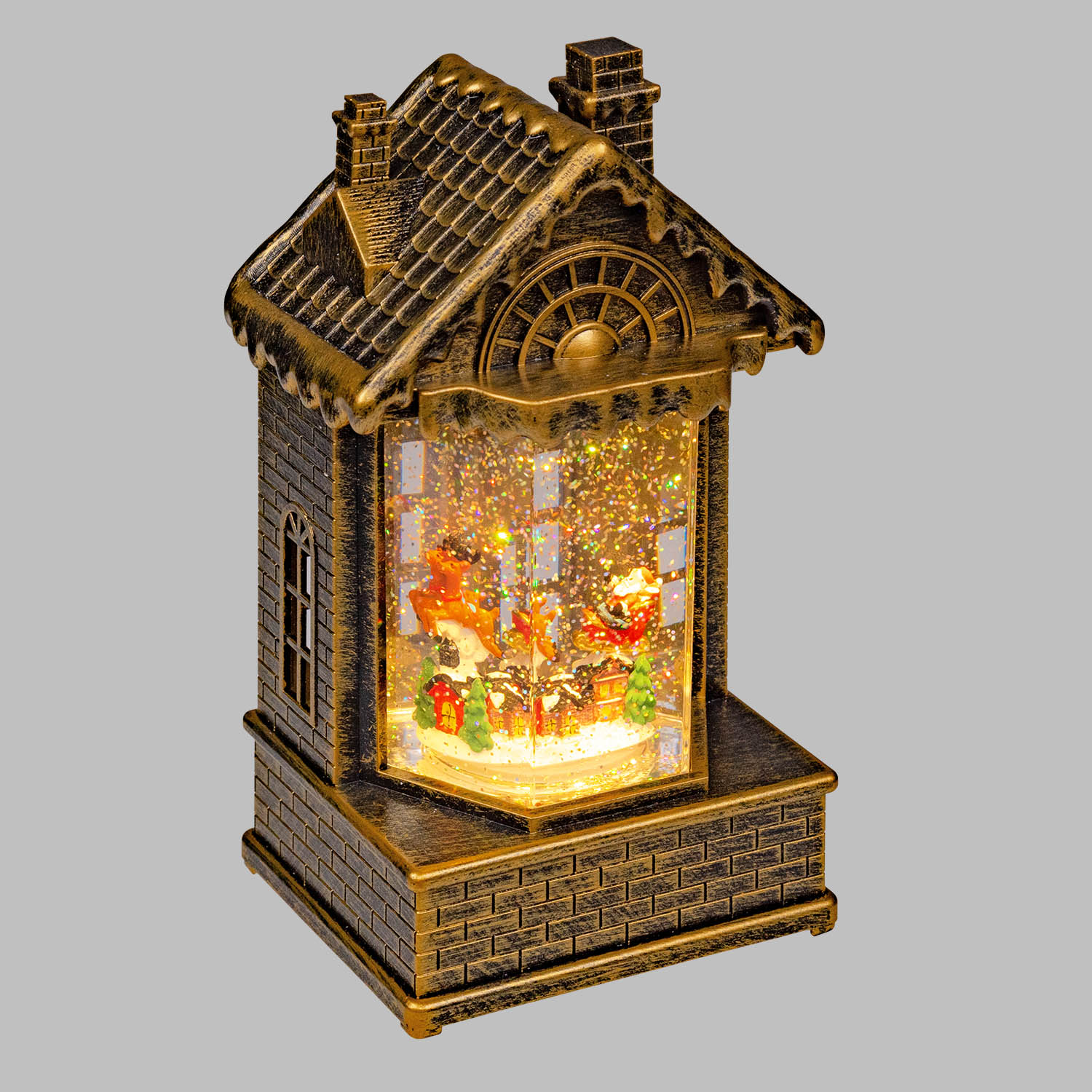 Maison de Noël brunie, paillettes scintillantes, h 19,5 cm, mélodies de Noël, LED blanc chaud Maison de Noël brunie, paillettes scintillantes, h 19,5 cm, mélodies de Noël, LED blanc chaud