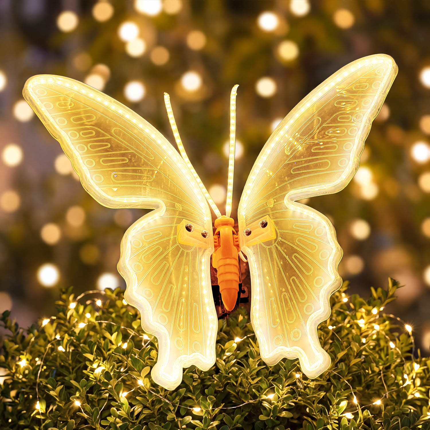 Farfalla in tubo ultraluminoso, 40 cm, 244 led bianco caldo, con movimento ali