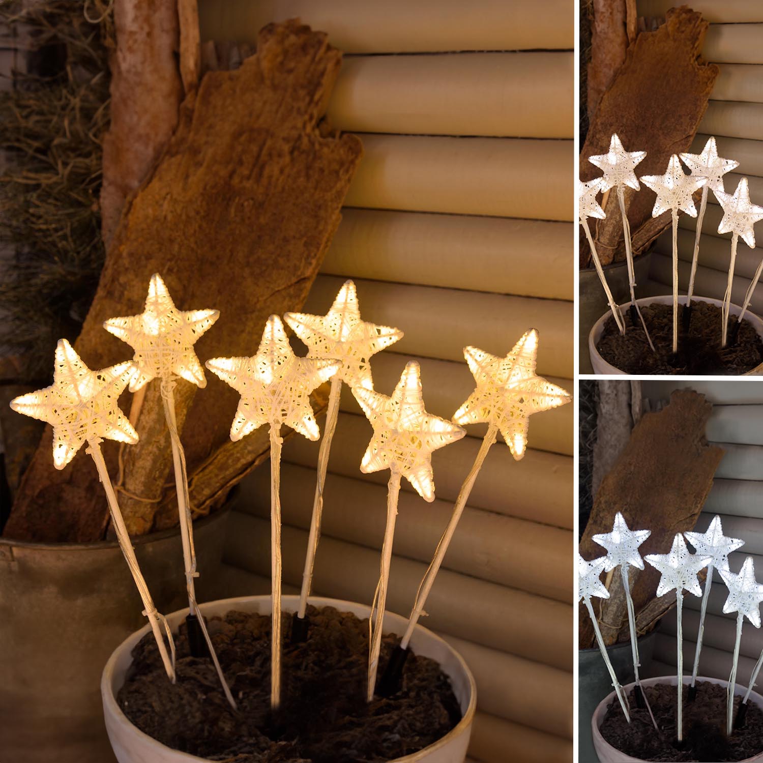 Lot de 6 Étoiles 3D Ø 10 cm avec piquet, 36 aux deux couleurs LED blanc chaud et froid Lot de 6 Étoiles 3D Ø 10 cm avec piquet, 36 aux deux couleurs LED blanc chaud et froid