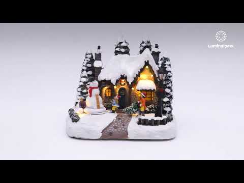 Village de Noël, Maison enneigée dans la Forêt avec Bonhomme de Neige tournant, h 20 cm, mélodies de Noël 2
