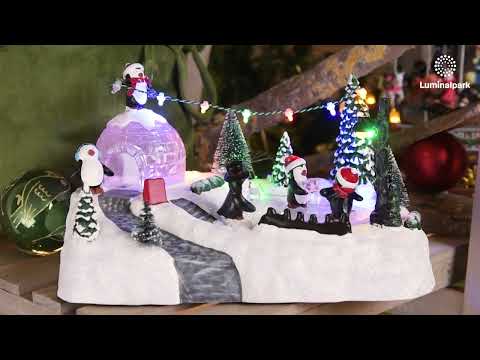 Paysage Polaire avec Igloo et Pingouins tournants, h 16 cm, musiques de Noël 2