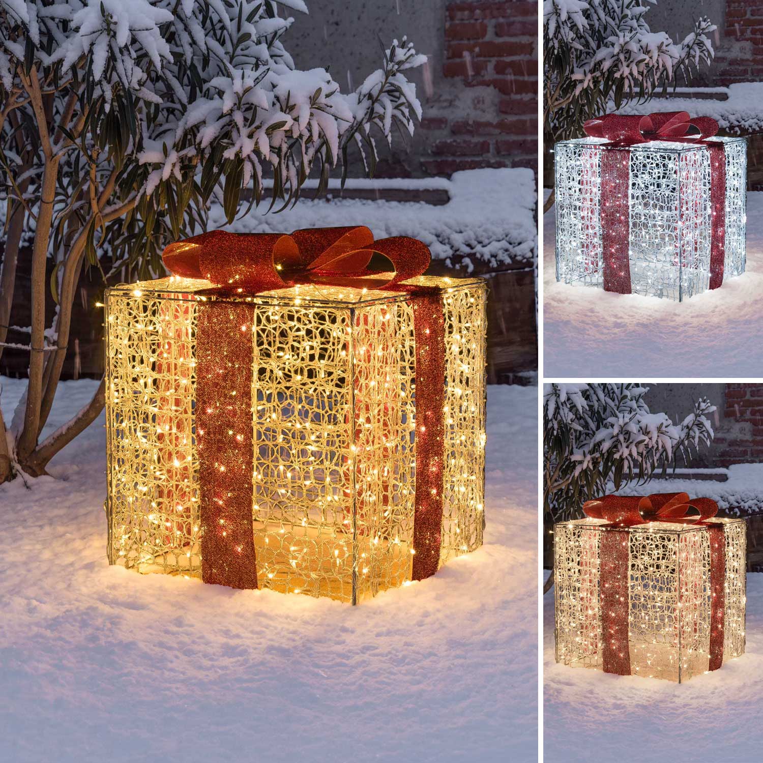 Paquet cadeau 3D en acrylique transparent, h 65 cm, 550 Dual LED blanc chaud et blanc froid 1