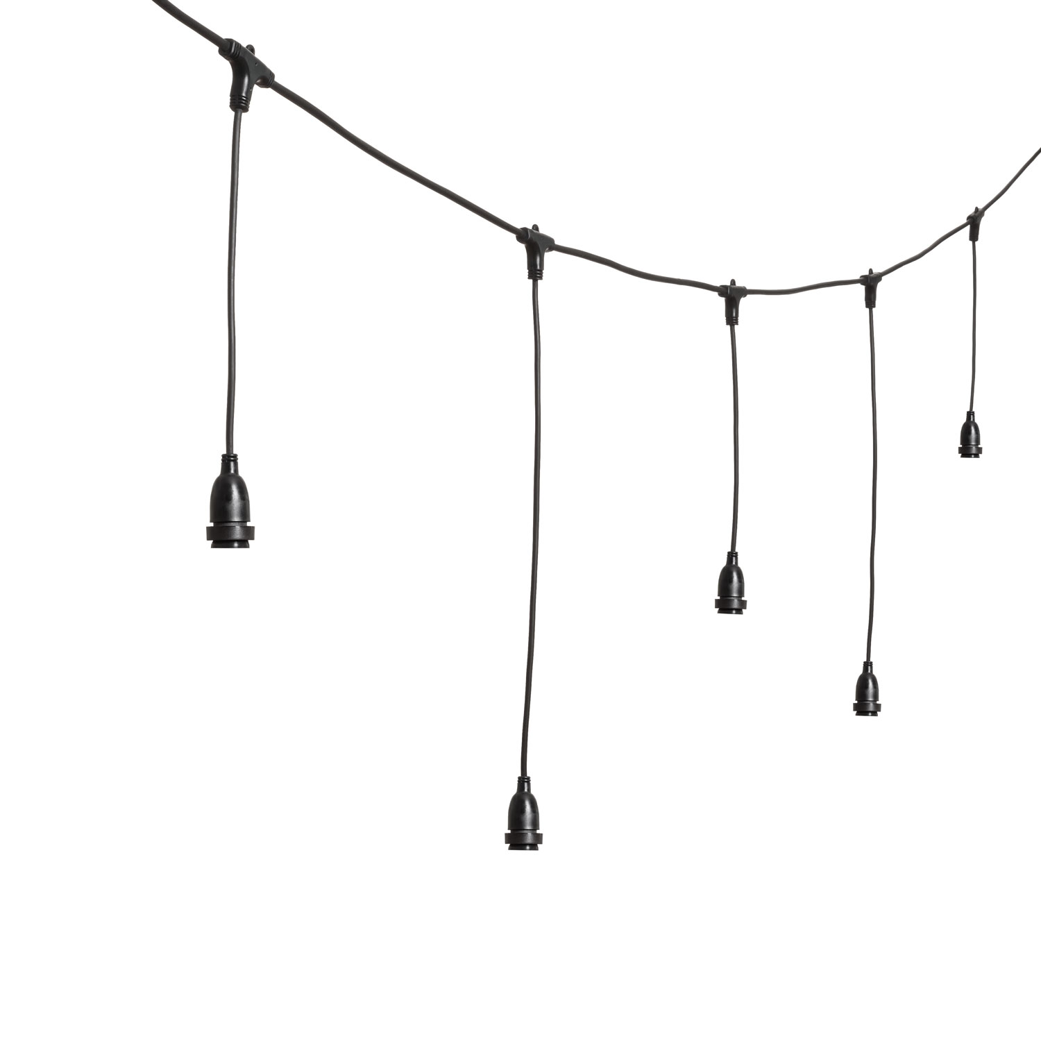 Lichterkette 5 m, 8 hängende E27-Fassungen, h 70 cm, schwarzes Kabel, erweiterbar Lichterkette 5 m, 8 hängende E27-Fassungen, h 70 cm, schwarzes Kabel, erweiterbar