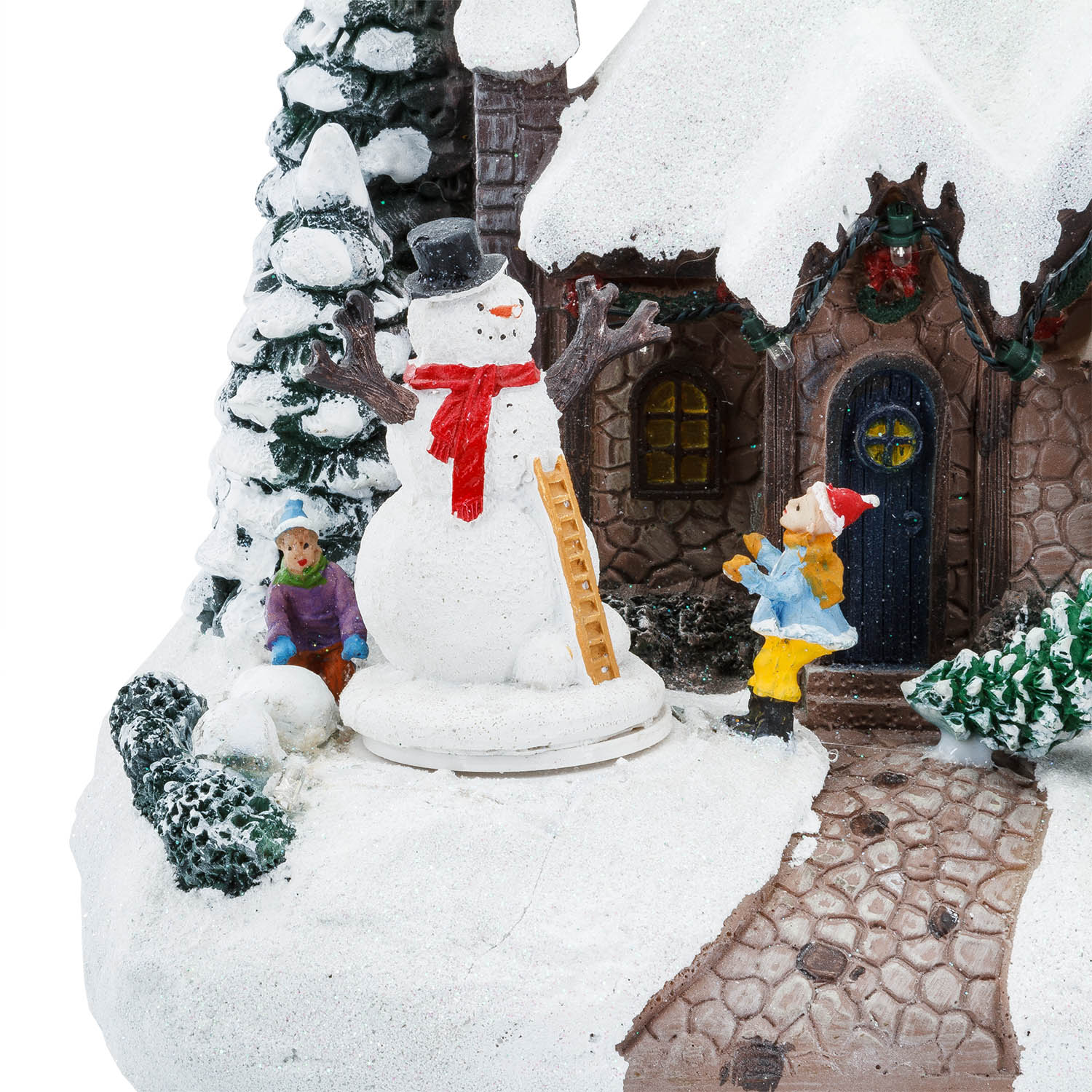 Villaggio di Natale, Casa innevata nel Bosco con Pupazzo di Neve rotante, h 20 cm, musiche natalizie 4